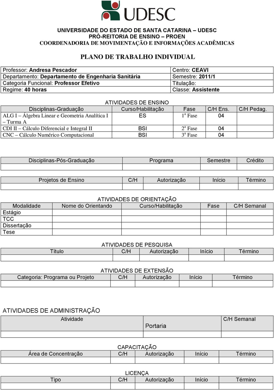 Disciplinas-Graduação Curso/Habilitação Fase C/H Ens. C/H Pedag.