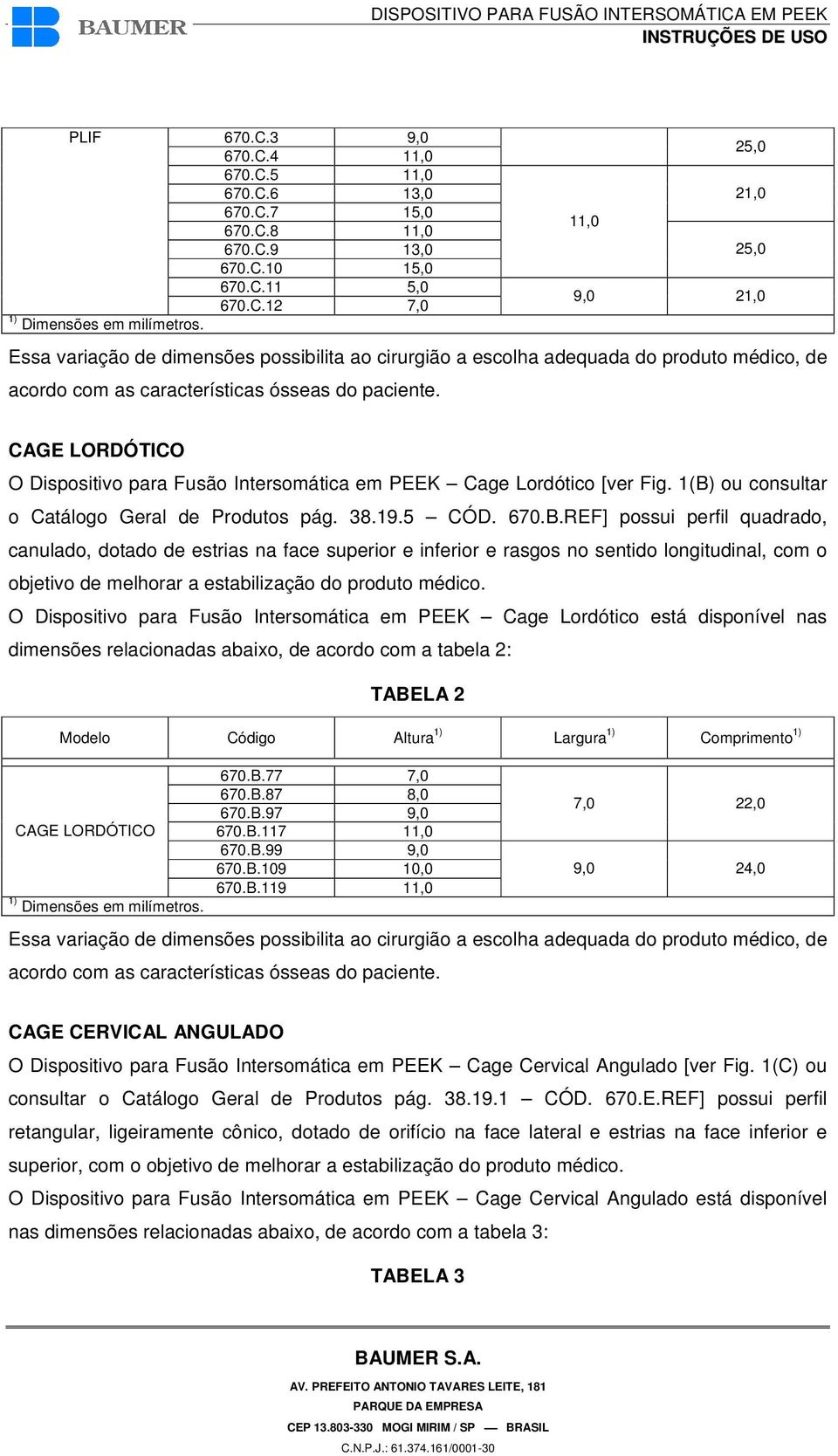 CAGE LORDÓTICO O Dispositivo para Fusão Intersomática em PEEK Cage Lordótico [ver Fig. 1(B)