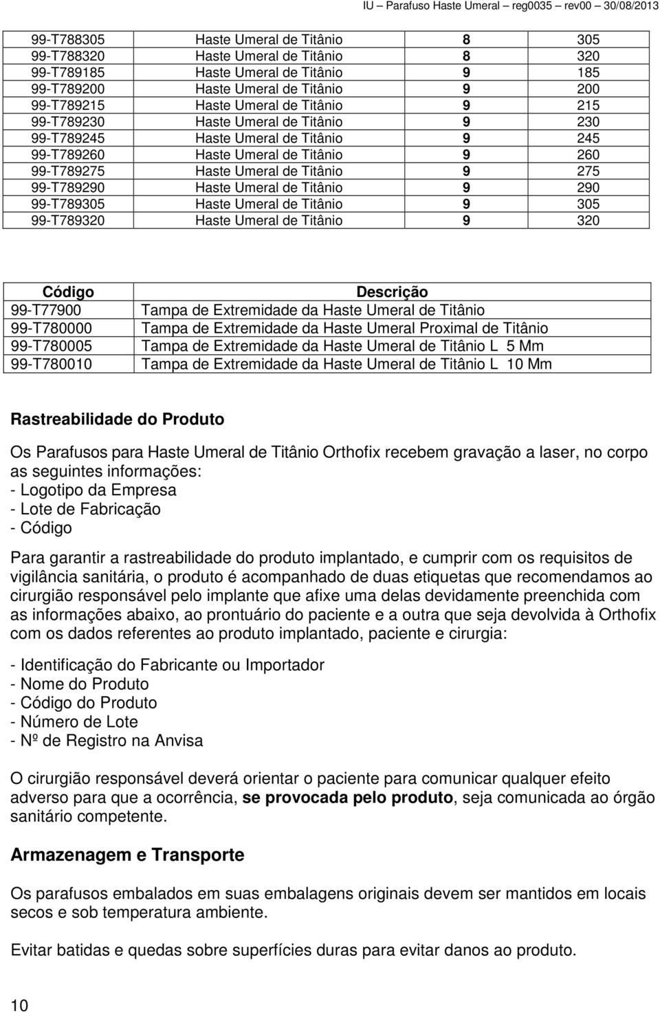 Titânio 9 290 99-T789305 Haste Umeral de Titânio 9 305 99-T789320 Haste Umeral de Titânio 9 320 99-T77900 Tampa de Extremidade da Haste Umeral de Titânio 99-T780000 Tampa de Extremidade da Haste