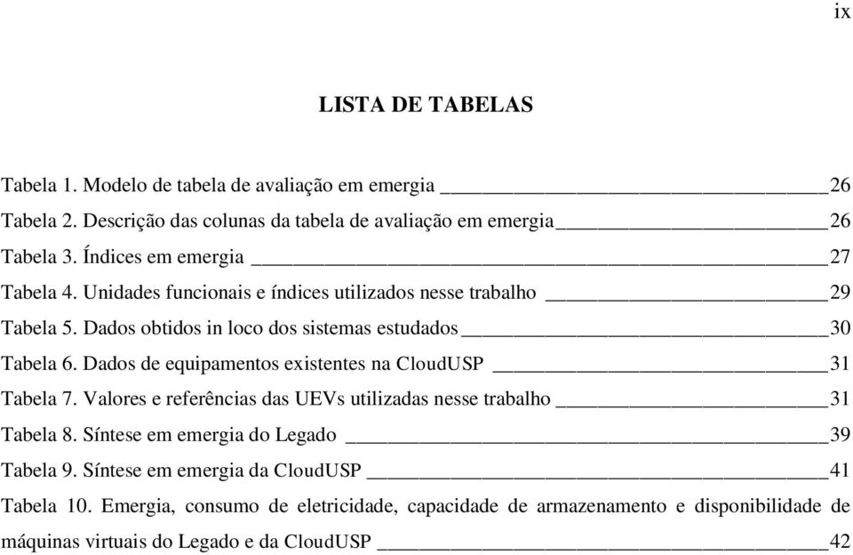 Dados de equipamentos existentes na CloudUSP 31 Tabela 7. Valores e referências das UEVs utilizadas nesse trabalho 31 Tabela 8.