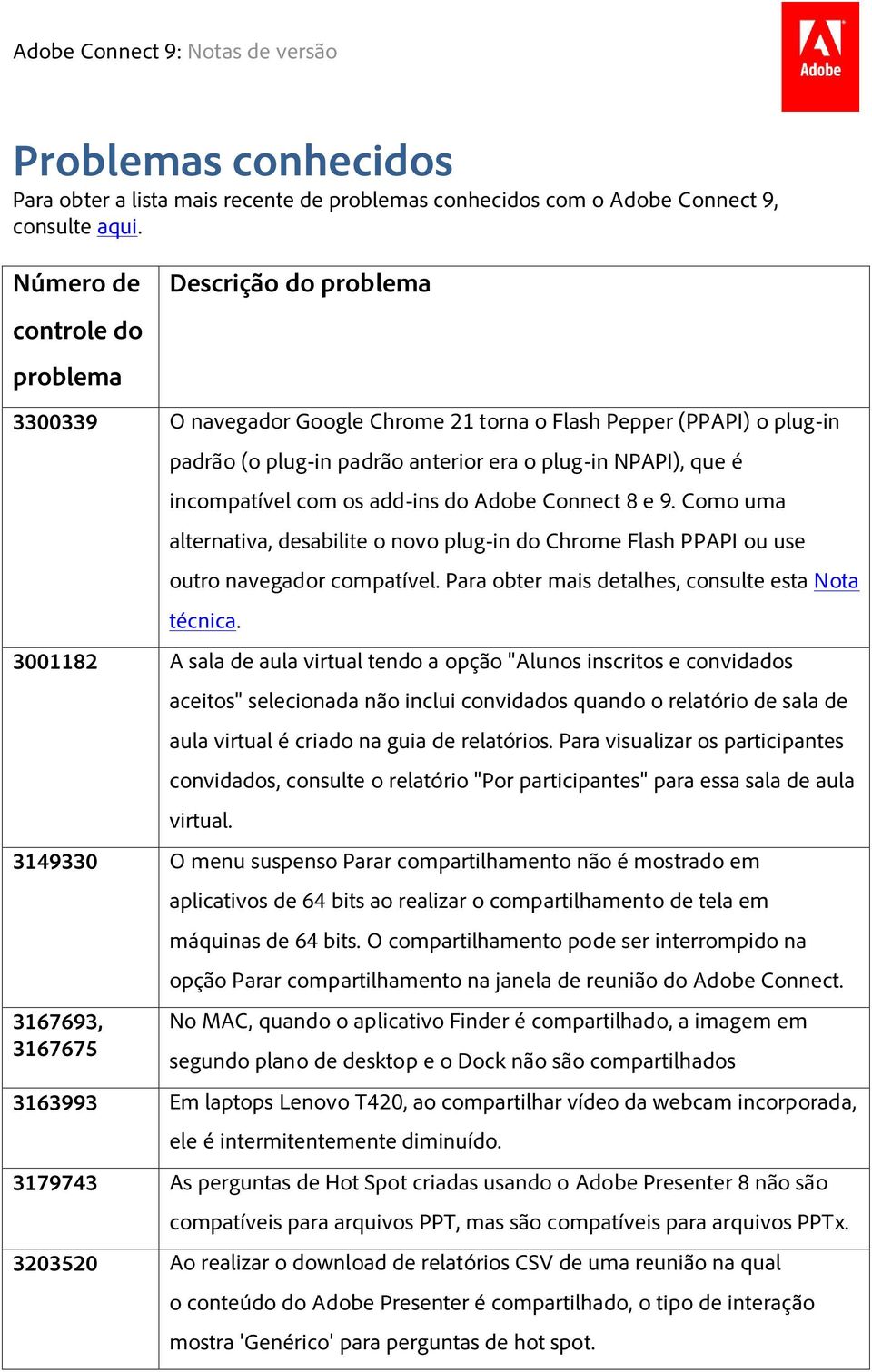 incompatível com os add-ins do Adobe Connect 8 e 9. Como uma alternativa, desabilite o novo plug-in do Chrome Flash PPAPI ou use outro navegador compatível.