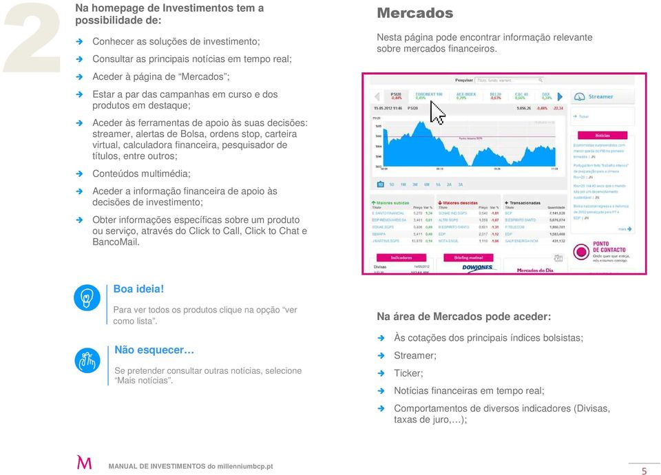 outros; Conteúdos multimédia; Aceder a informação financeira de apoio às decisões de investimento; Obter informações específicas sobre um produto ou serviço, através do Click to Call, Click to Chat e