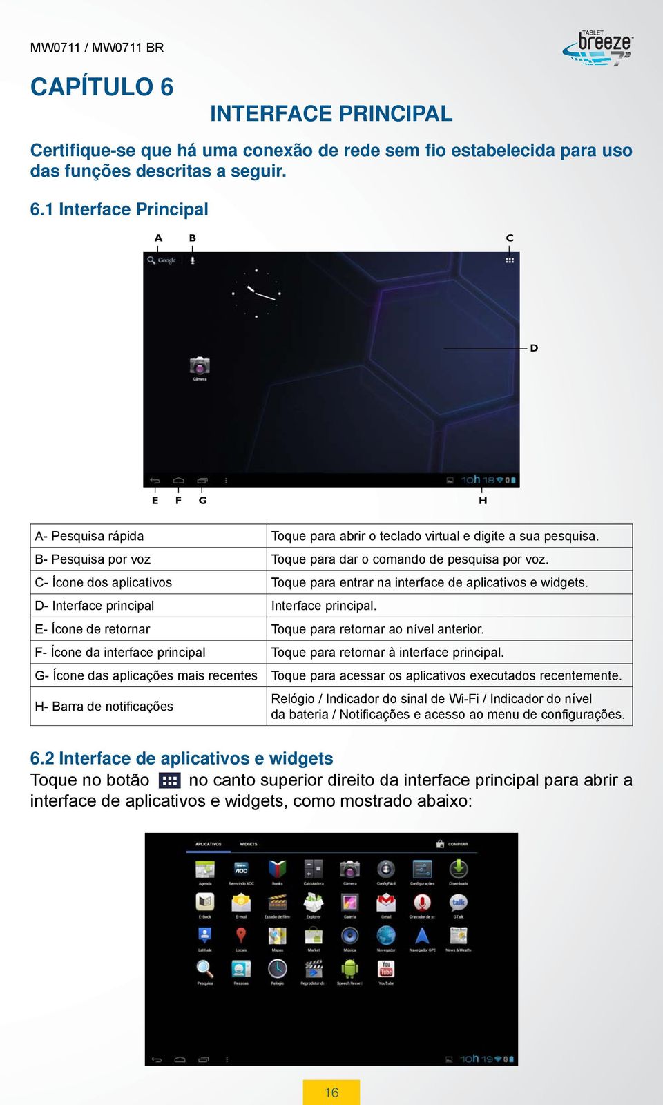 E- Ícone de retornar Toque para retornar ao nível anterior. F- Ícone da interface principal Toque para retornar à interface principal.