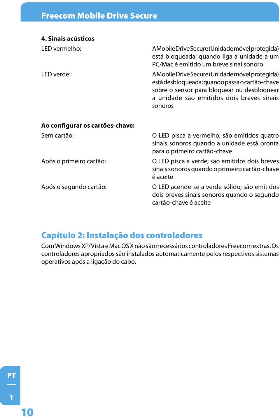 (Unidade móvel protegida) está desbloqueada; quando passa o cartão-chave sobre o sensor para bloquear ou desbloquear a unidade são emitidos dois breves sinais sonoros Ao configurar os cartões-chave: