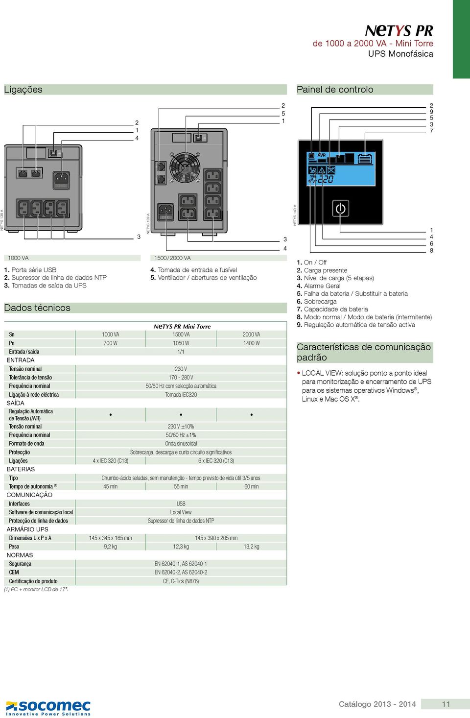 com selecção automática Ligação à rede eléctrica Tomada IEC0 SAÍDA Regulação Automática de Tensão (AVR) Tensão nominal 0 V ±0% Frequência nominal 0/0 Hz ±% Formato de onda Onda sinusoidal Protecção