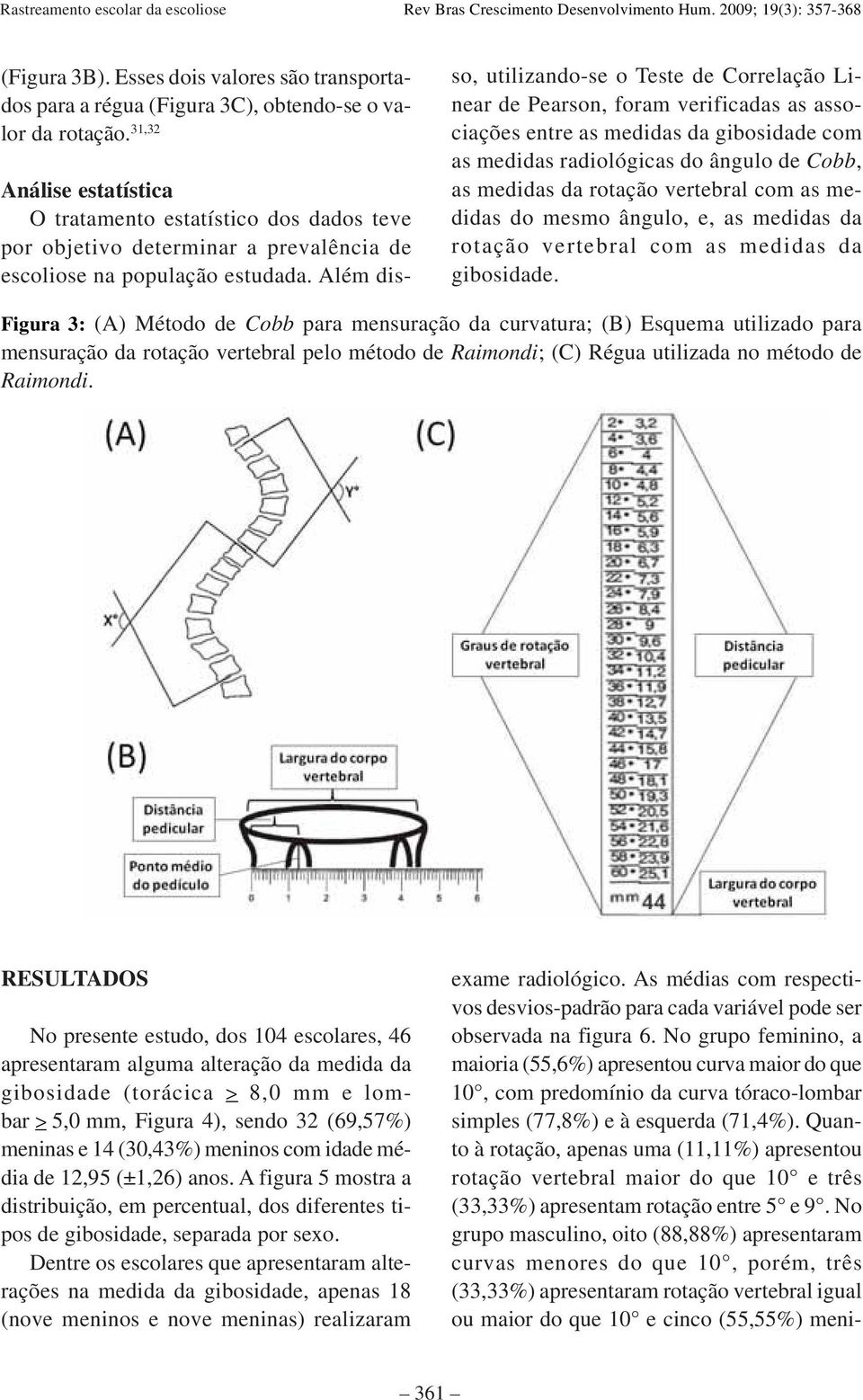 Além disso, utilizando-se o Teste de Correlação Linear de Pearson, foram verificadas as associações entre as medidas da gibosidade com as medidas radiológicas do ângulo de Cobb, as medidas da rotação