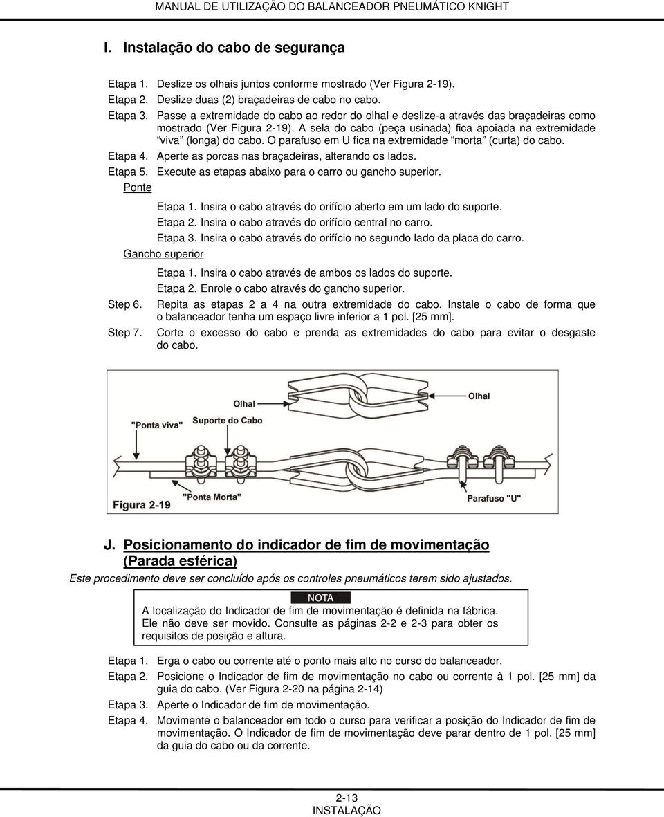 O parafuso em U fica na extremidade morta (curta) do cabo. Etapa 4. Aperte as porcas nas braçadeiras, alterando os lados. Etapa 5. Execute as etapas abaixo para o carro ou gancho superior.