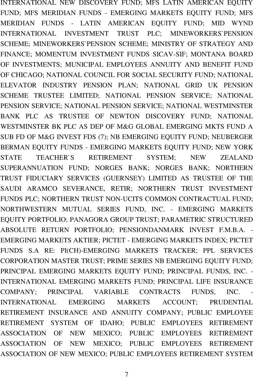 BENEFIT FUND OF CHICAGO; NATIONAL COUNCIL FOR SOCIAL SECURITY FUND; NATIONAL ELEVATOR INDUSTRY PENSION PLAN; NATIONAL GRID UK PENSION SCHEME TRUSTEE LIMITED; NATIONAL PENSION SERVICE; NATIONAL
