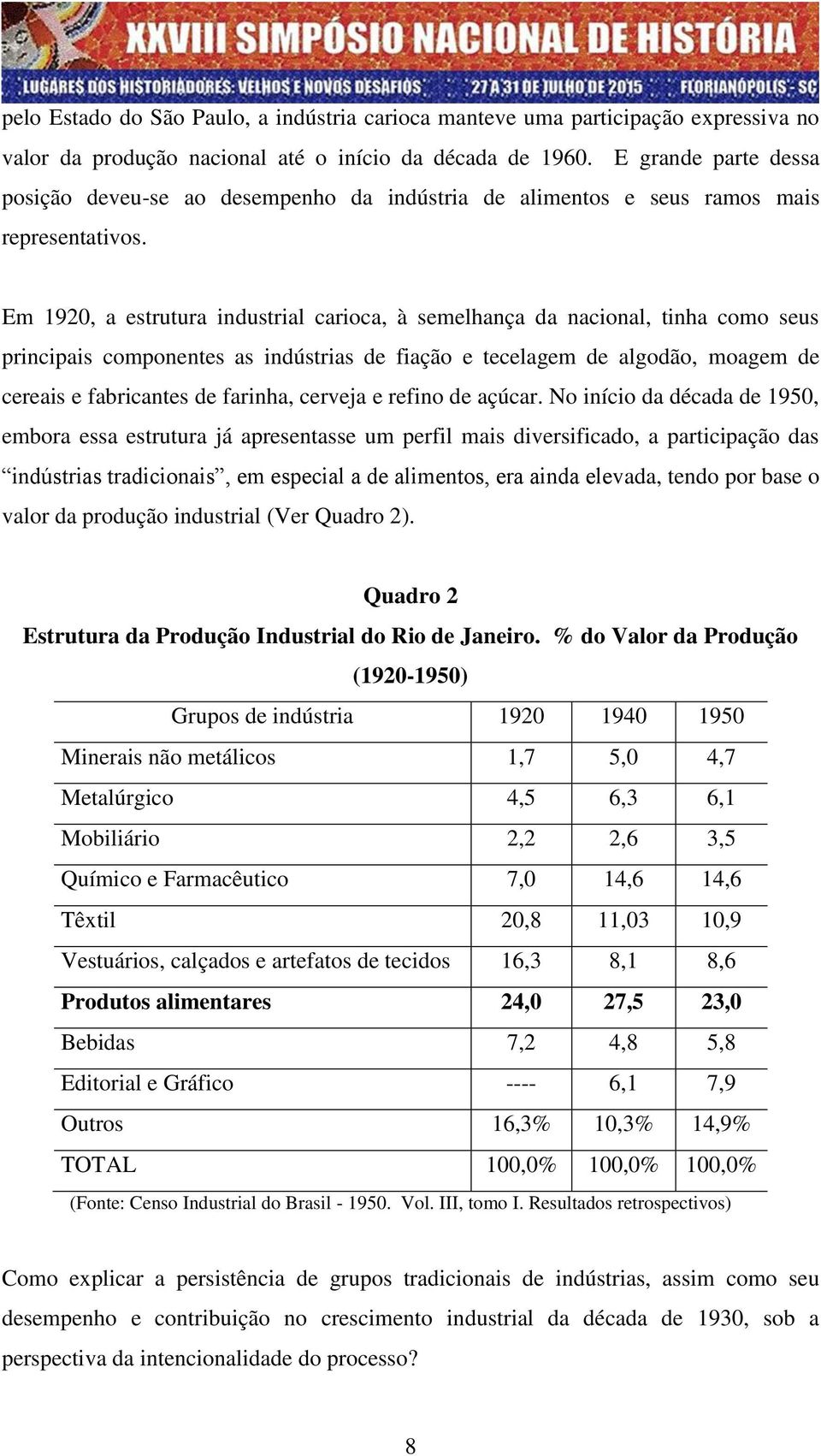 Em 1920, a estrutura industrial carioca, à semelhança da nacional, tinha como seus principais componentes as indústrias de fiação e tecelagem de algodão, moagem de cereais e fabricantes de farinha,