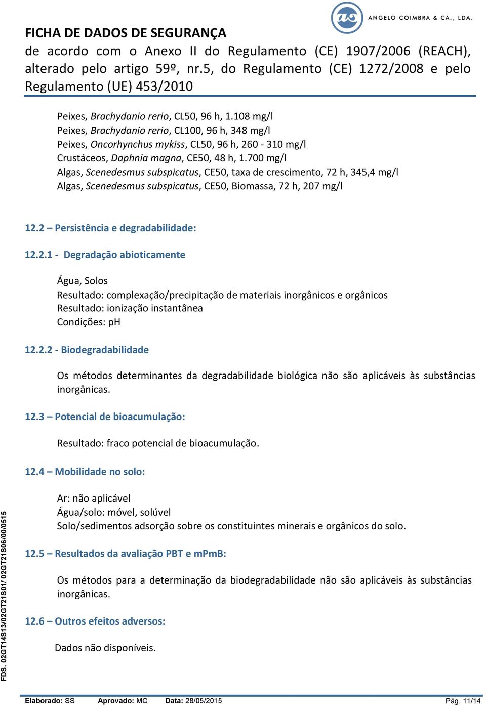 h, 345,4 mg/l Algas, Scenedesmus subspicatus, CE50, Biomassa, 72 