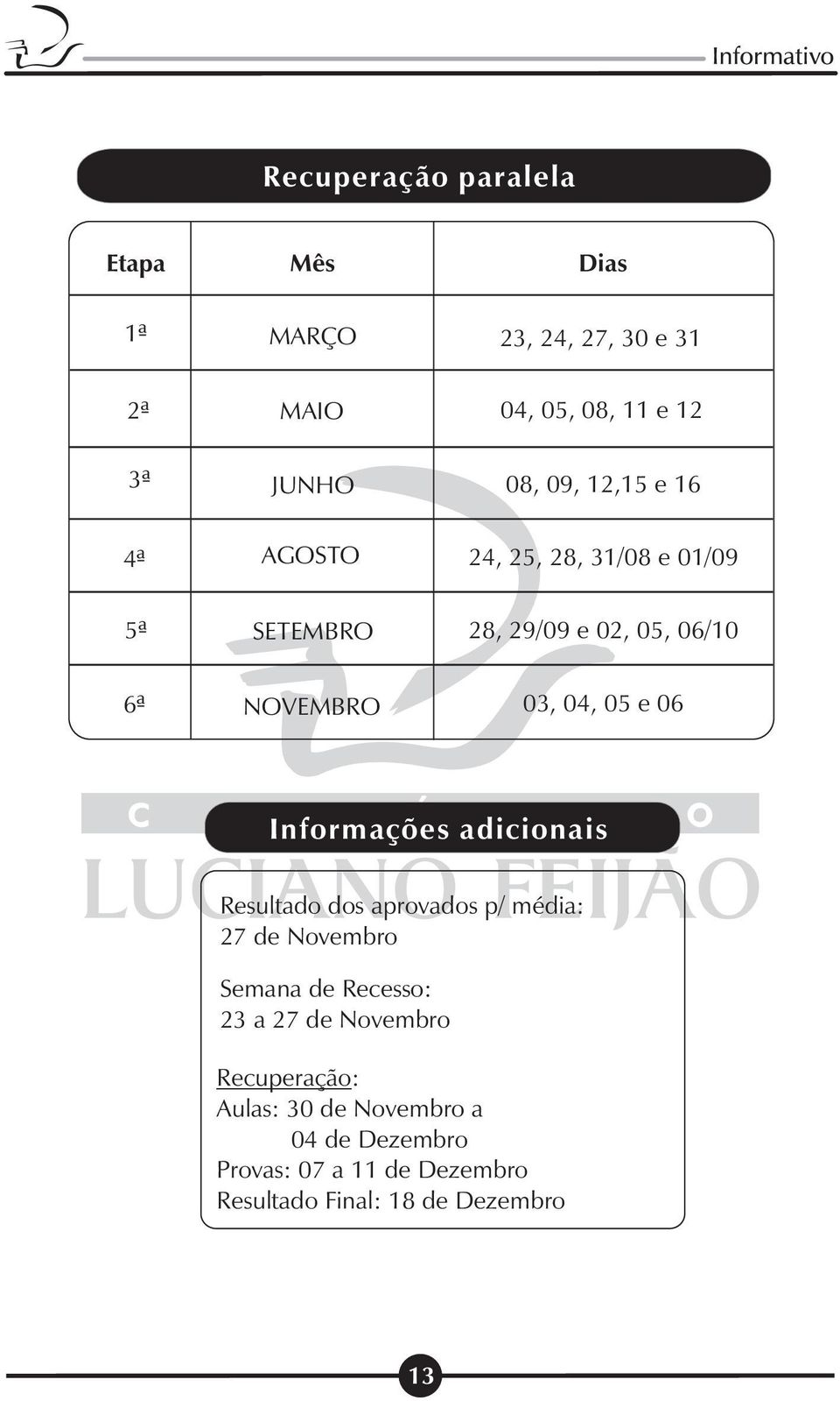 06 Informações adicionais Resultado dos aprovados p/ média: 27 de Novembro Semana de Recesso: 23 a 27 de