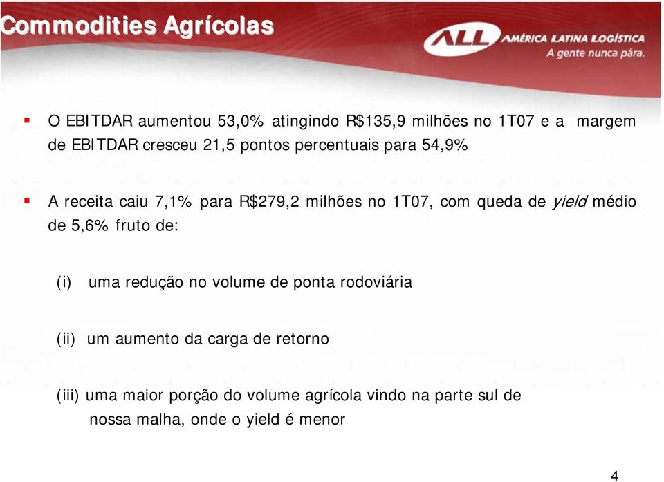 de yield médio de 5,6% fruto de: (i) uma redução no volume de ponta rodoviária (ii) um aumento da carga