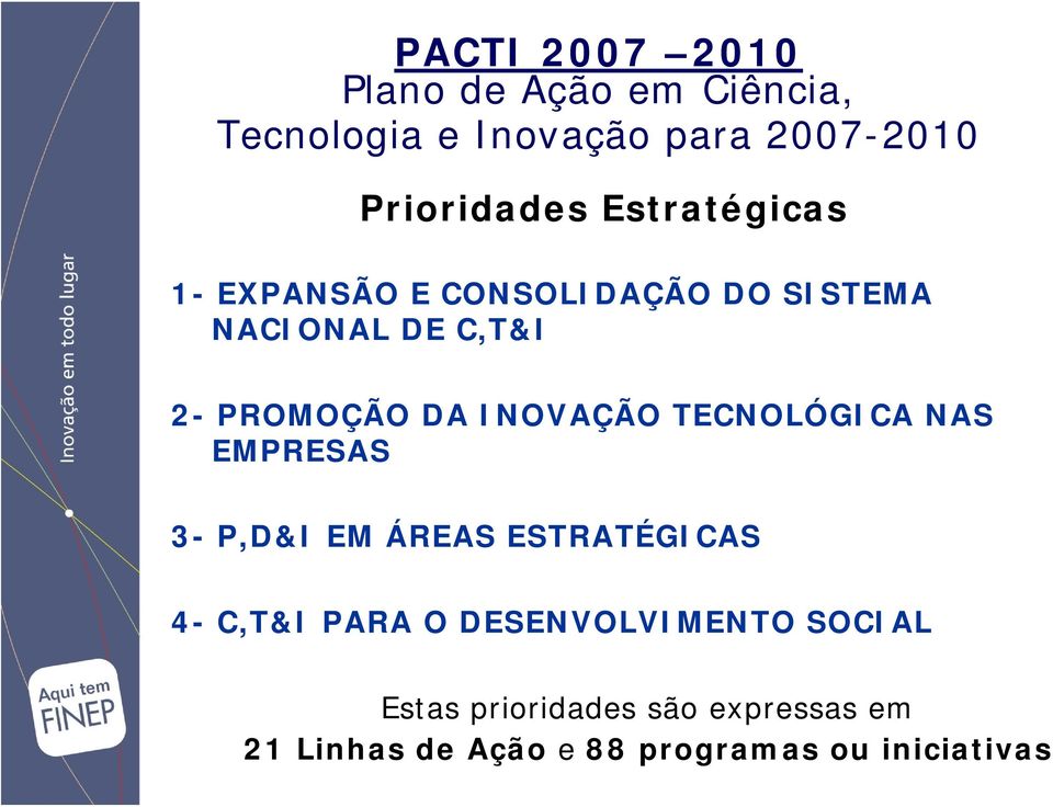 INOVAÇÃO TECNOLÓGICA NAS EMPRESAS 3- P,D&I EM ÁREAS ESTRATÉGICAS 4- C,T&I PARA O