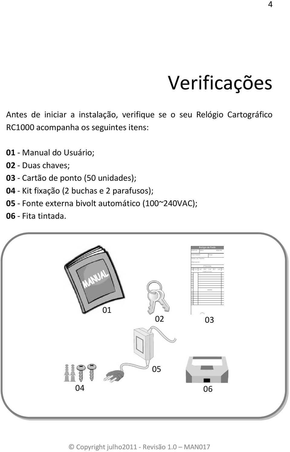 Duas chaves; 03 - Cartão de ponto (50 unidades); 04 - Kit fixação (2 buchas e 2