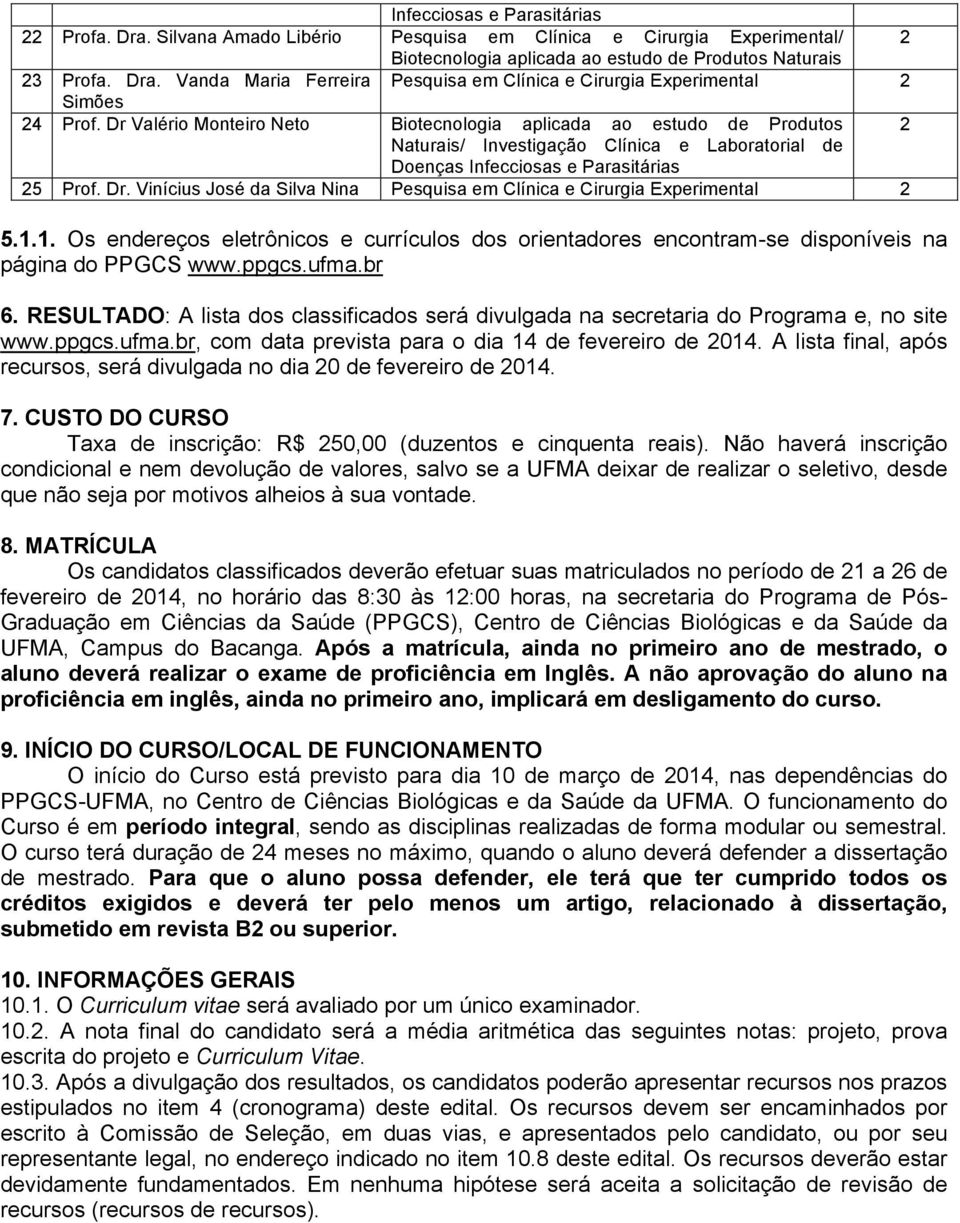 Vinícius José da Silva Nina Pesquisa em Clínica e Cirurgia Experimental 2 5.1.1. Os endereços eletrônicos e currículos dos orientadores encontram-se disponíveis na página do PPGCS www.ppgcs.ufma.br 6.