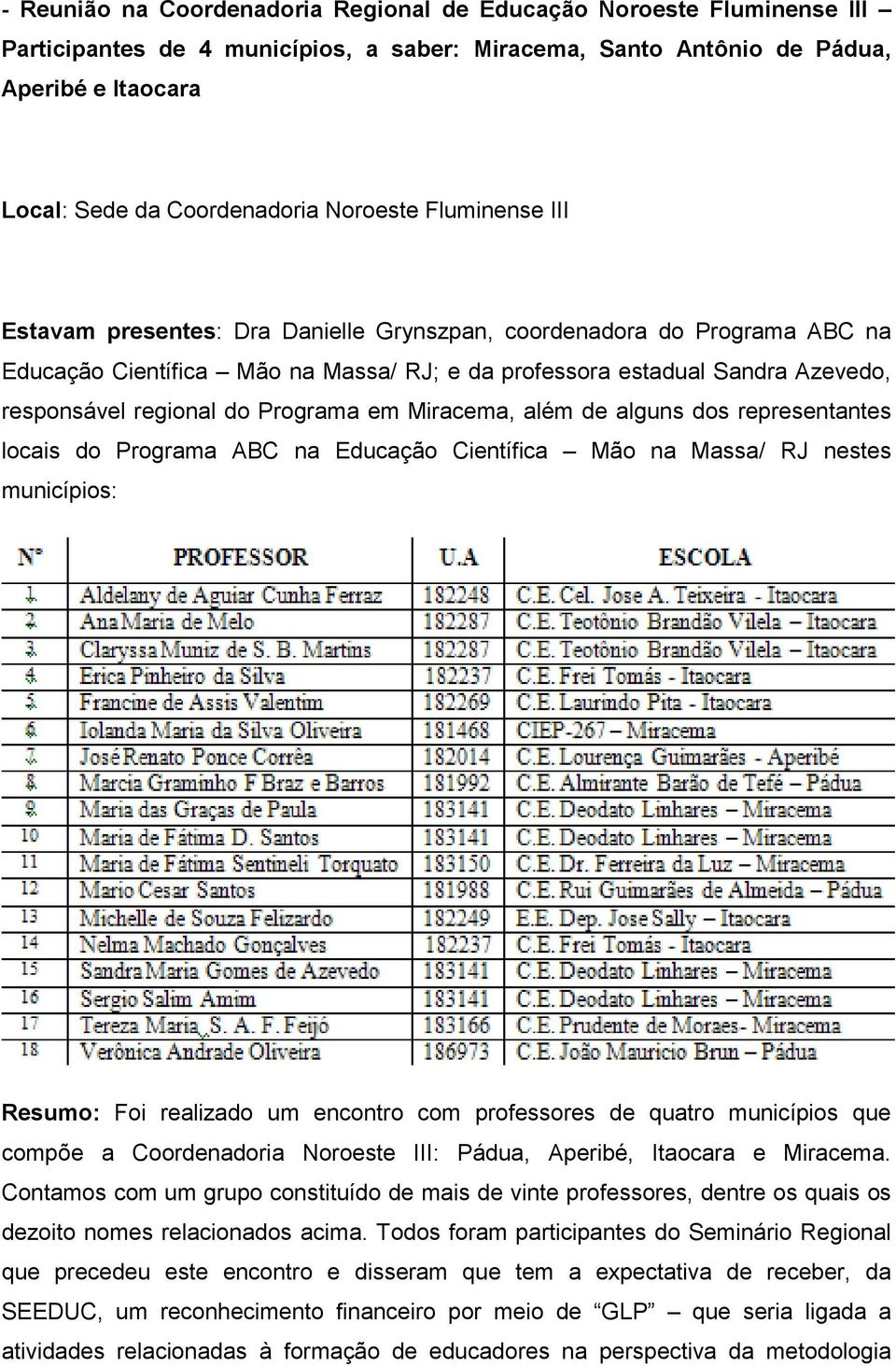 do Programa em Miracema, além de alguns dos representantes locais do Programa ABC na Educação Científica Mão na Massa/ RJ nestes municípios: Resumo: Foi realizado um encontro com professores de