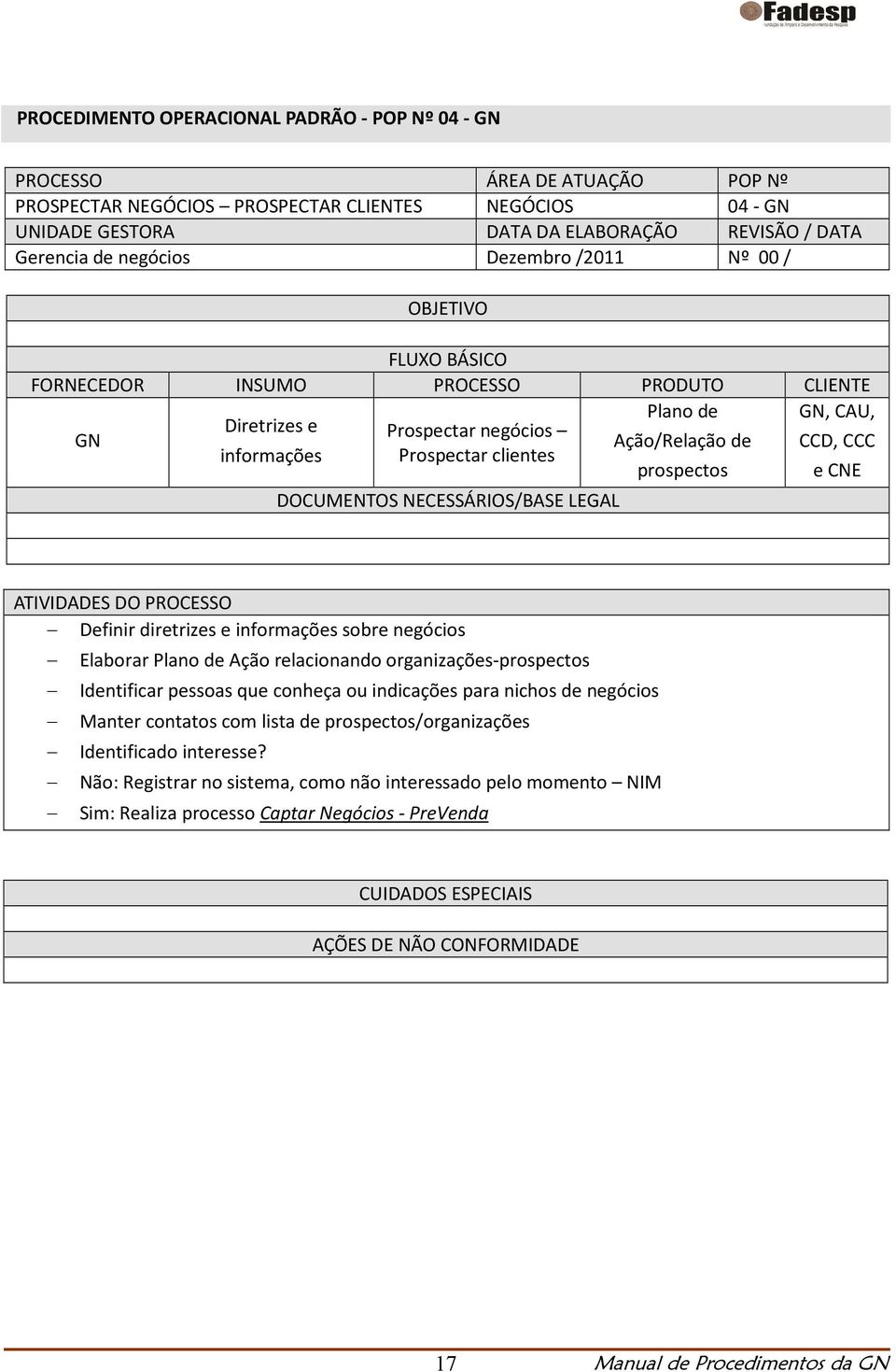 clientes prospectos e CNE DOCUMENTOS NECESSÁRIOS/BASE LEGAL ATIVIDADES DO PROCESSO Definir diretrizes e informações sobre negócios Elaborar Plano de Ação relacionando organizações-prospectos