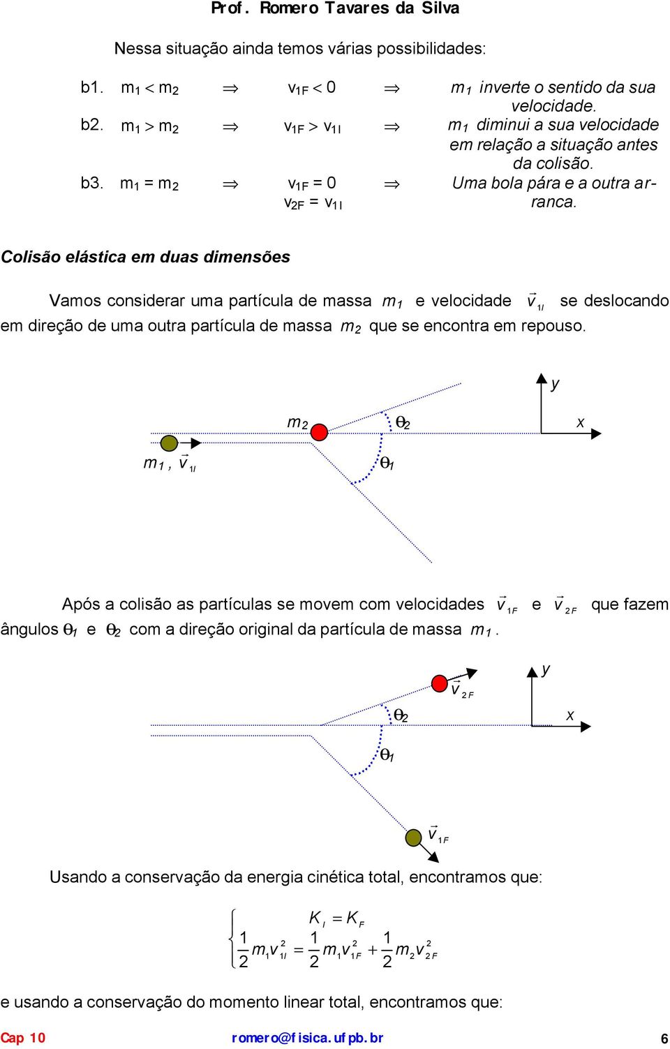 Colsão elásca e duas densões aos consdea ua paícula de assa e elocdade se deslocando e deção de ua oua paícula de assa que se encona e epouso.