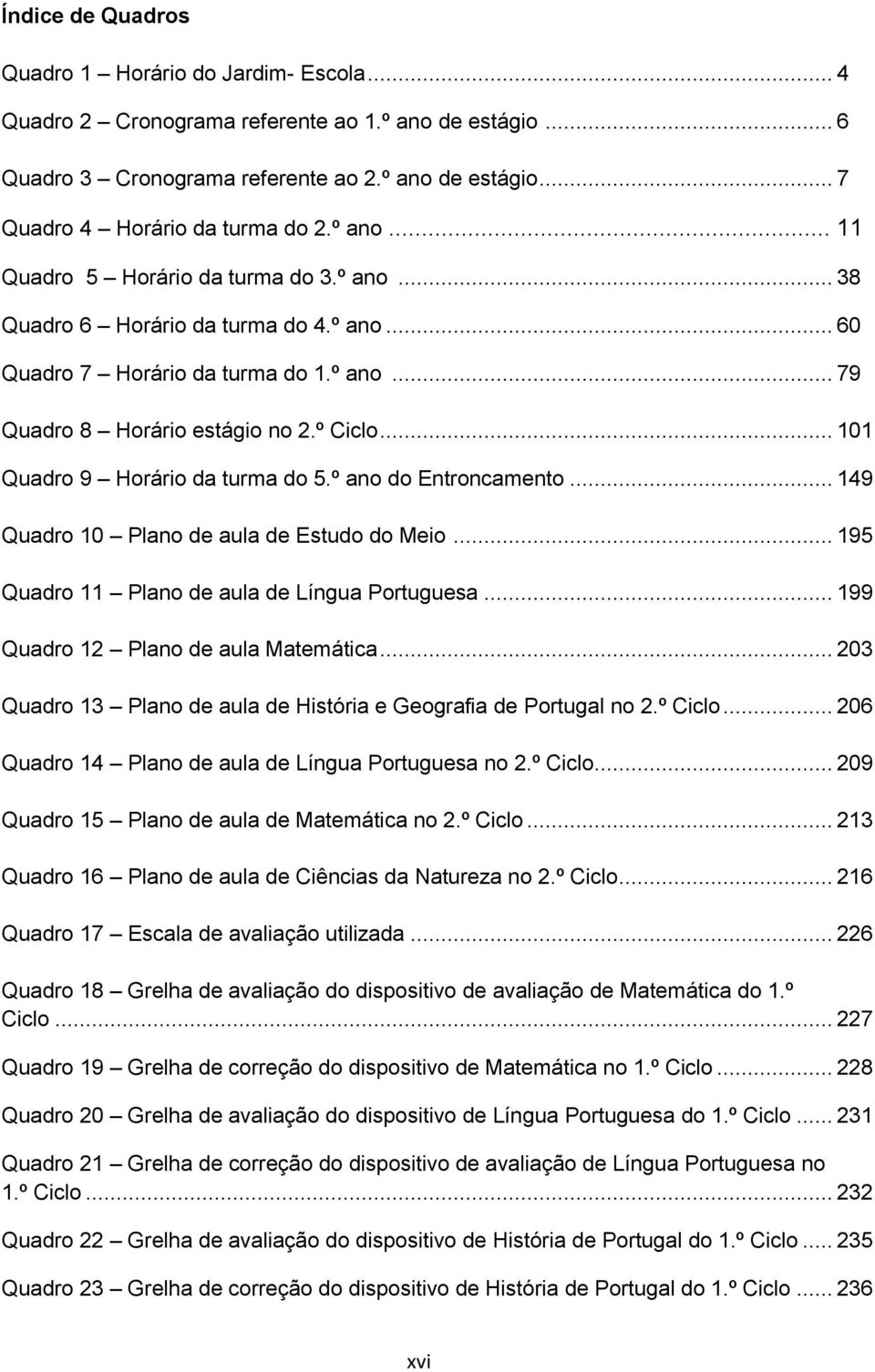 .. 101 Quadro 9 Horário da turma do 5.º ano do Entroncamento... 149 Quadro 10 Plano de aula de Estudo do Meio... 195 Quadro 11 Plano de aula de Língua Portuguesa.