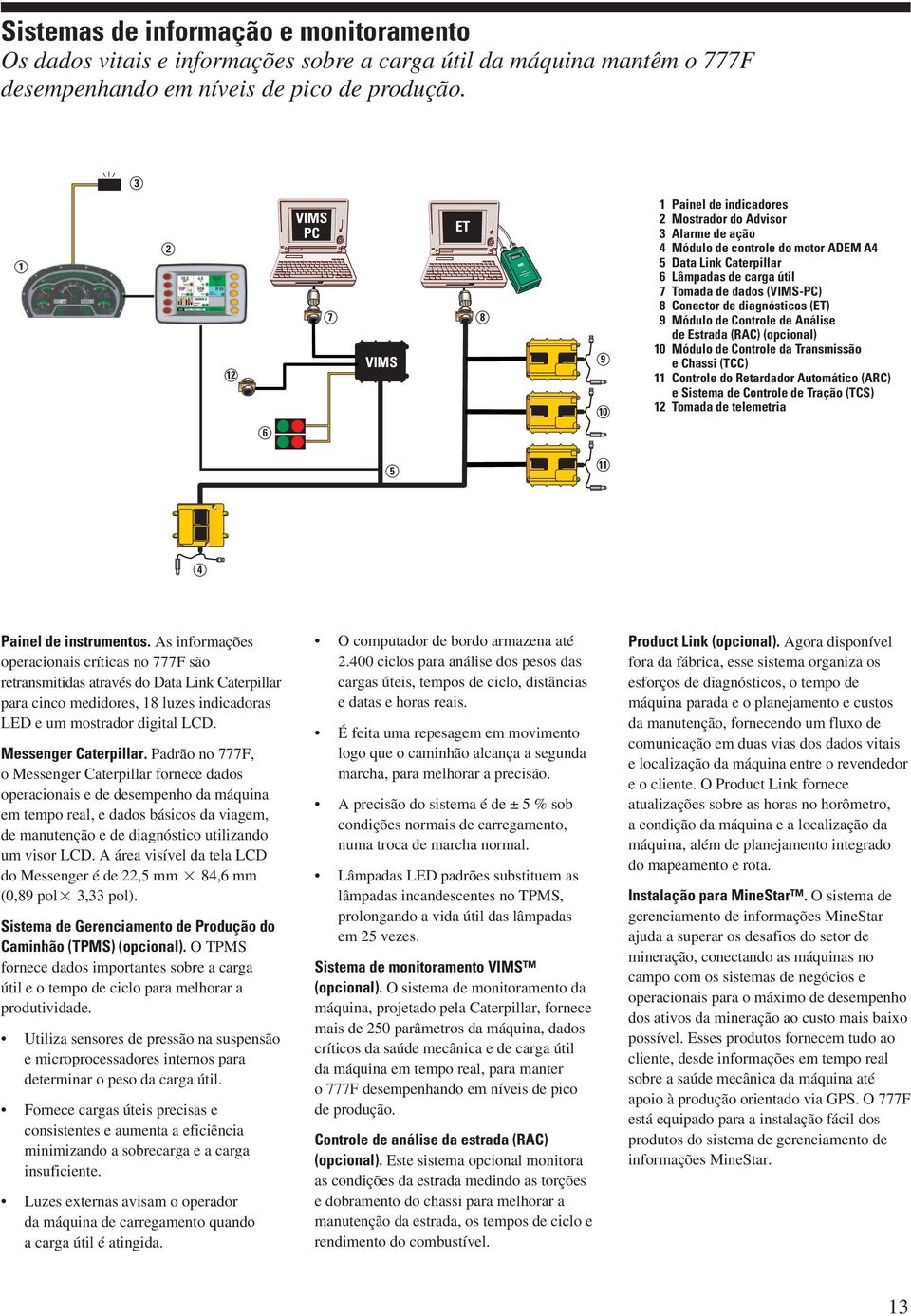 dados (VIMS-PC) 8 Conector de diagnósticos (ET) 9 Módulo de Controle de Análise de Estrada (RAC) (opcional) 10 Módulo de Controle da Transmissão e Chassi (TCC) 11 Controle do Retardador Automático