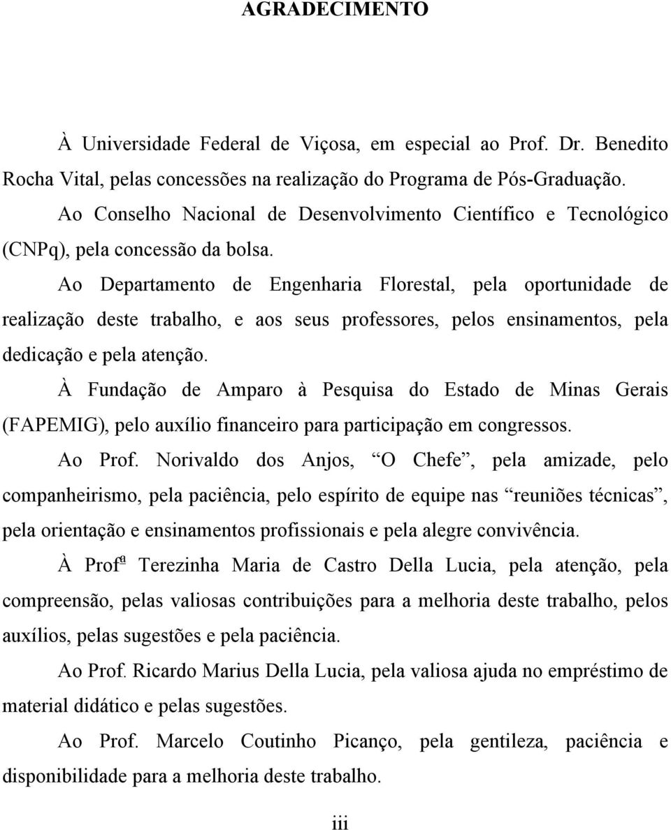 Ao Departamento de Engenharia Florestal, pela oportunidade de realização deste trabalho, e aos seus professores, pelos ensinamentos, pela dedicação e pela atenção.