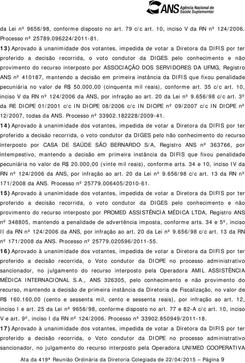 por ASSOCIAÇÃO DOS SERVIDORES DA UFMG, Registro ANS nº 410187, mantendo a decisão em primeira instância da DIFIS que fixou penalidade pecuniária no valor de R$ 50.