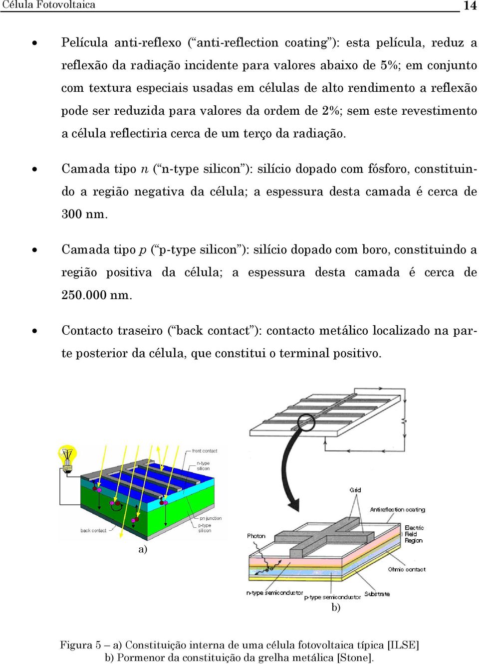 Camada tipo n ( n-type silicon ): silício dopado com fósfoo, constituindo a egião negativa da célula; a espessua desta camada é ceca de 300 nm.