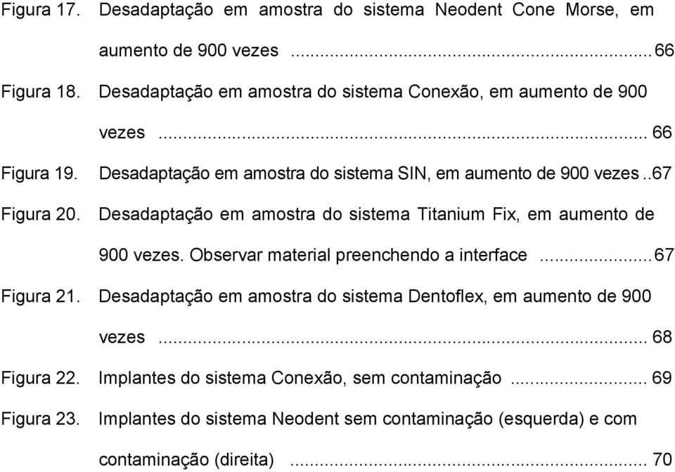 . 67 Figura 20. Desadaptação em amostra do sistema Titanium Fix, em aumento de 900 vezes. Observar material preenchendo a interface... 67 Figura 21.