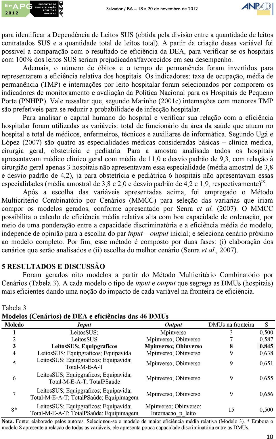 desempenho. Ademais, o número de óbitos e o tempo de permanência foram invertidos para representarem a eficiência relativa dos hospitais.