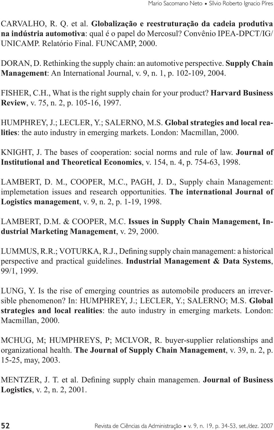 102-109, 2004. FISHER, C.H., What is the right supply chain for your product? Harvard Business Review, v. 75, n. 2, p. 105-16, 1997. HUMPHREY, J.; LECLER, Y.; SALERNO, M.S. Global strategies and local realities: the auto industry in emerging markets.