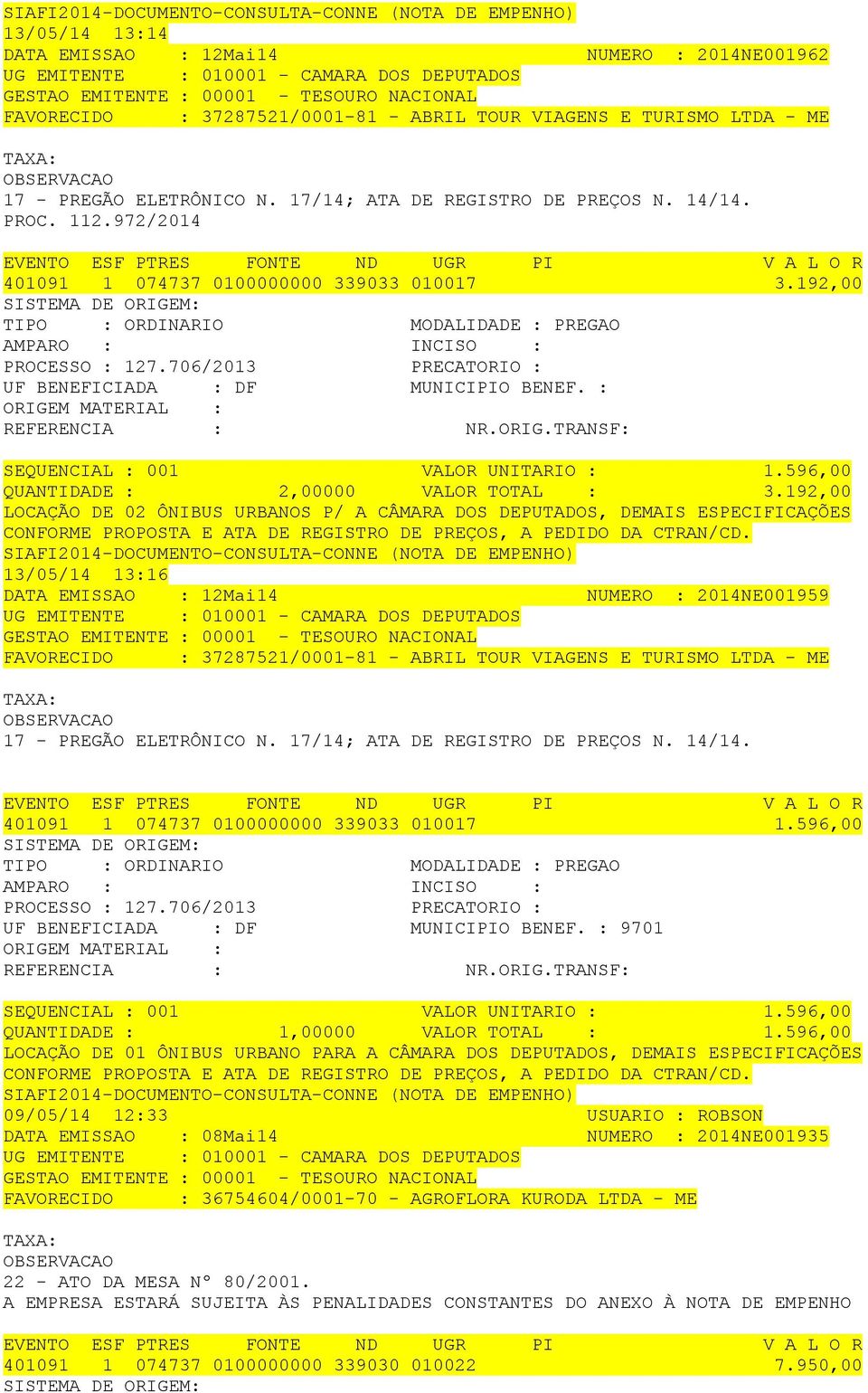 706/2013 PRECATORIO : ORIGEM MATERIAL : SEQUENCIAL : 001 VALOR UNITARIO : 1.596,00 QUANTIDADE : 2,00000 VALOR TOTAL : 3.