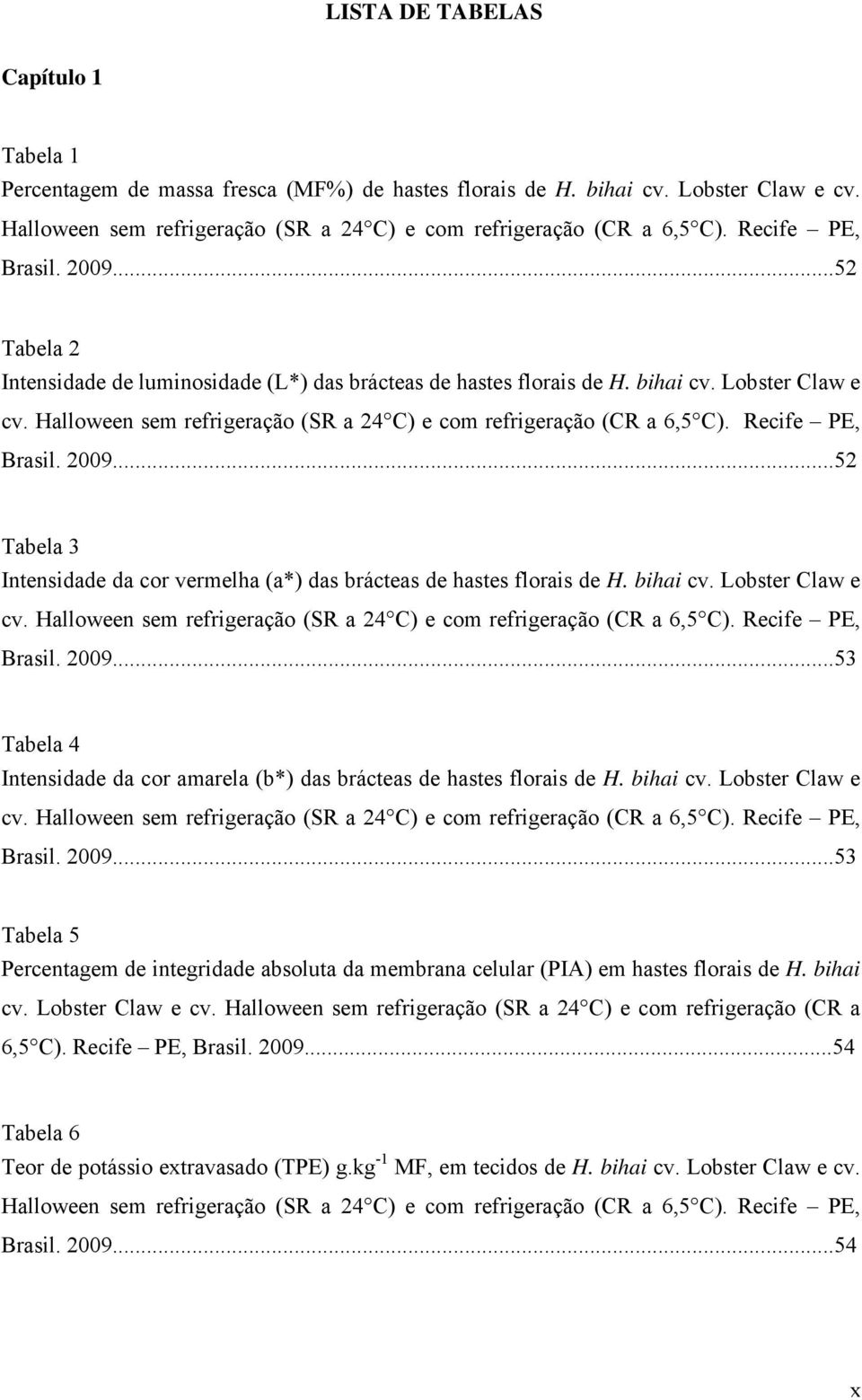 Halloween sem refrigeração (SR a 24 C) e com refrigeração (CR a 6,5 C). Recife PE, Brasil. 2009...52 Tabela 3 Intensidade da cor vermelha (a*) das brácteas de hastes florais de H. bihai cv.