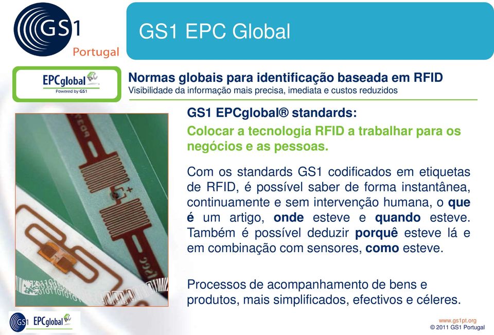 Com os standards GS1 codificados em etiquetas de RFID, é possível saber de forma instantânea, continuamente e sem intervenção humana, o que é um