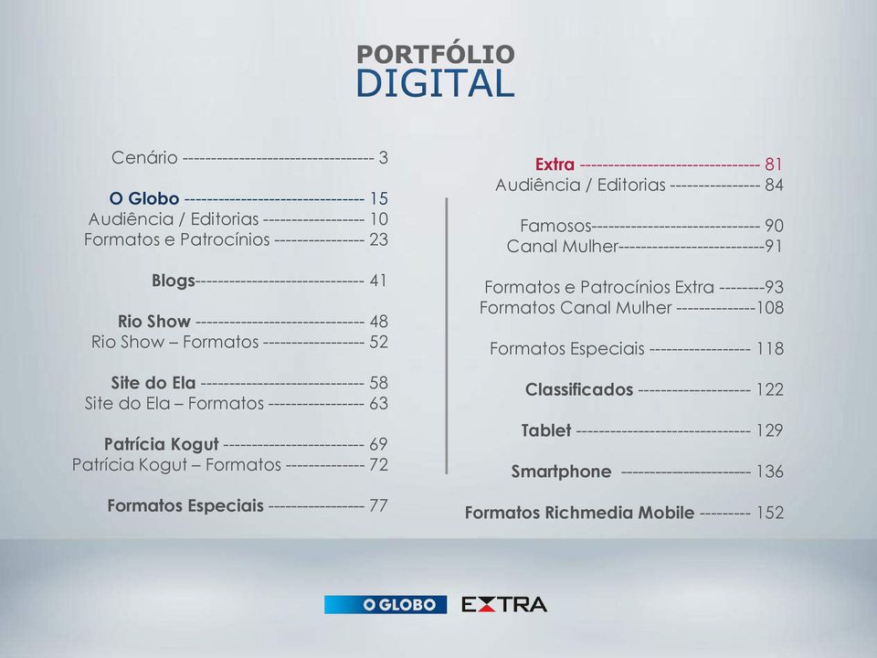 ----------------- 63 Patrícia Kogut ------------------------- 69 Patrícia Kogut Formatos -------------- 72 Formatos Especiais ----------------- 77 Extra -------------------------------- 81 Audiência