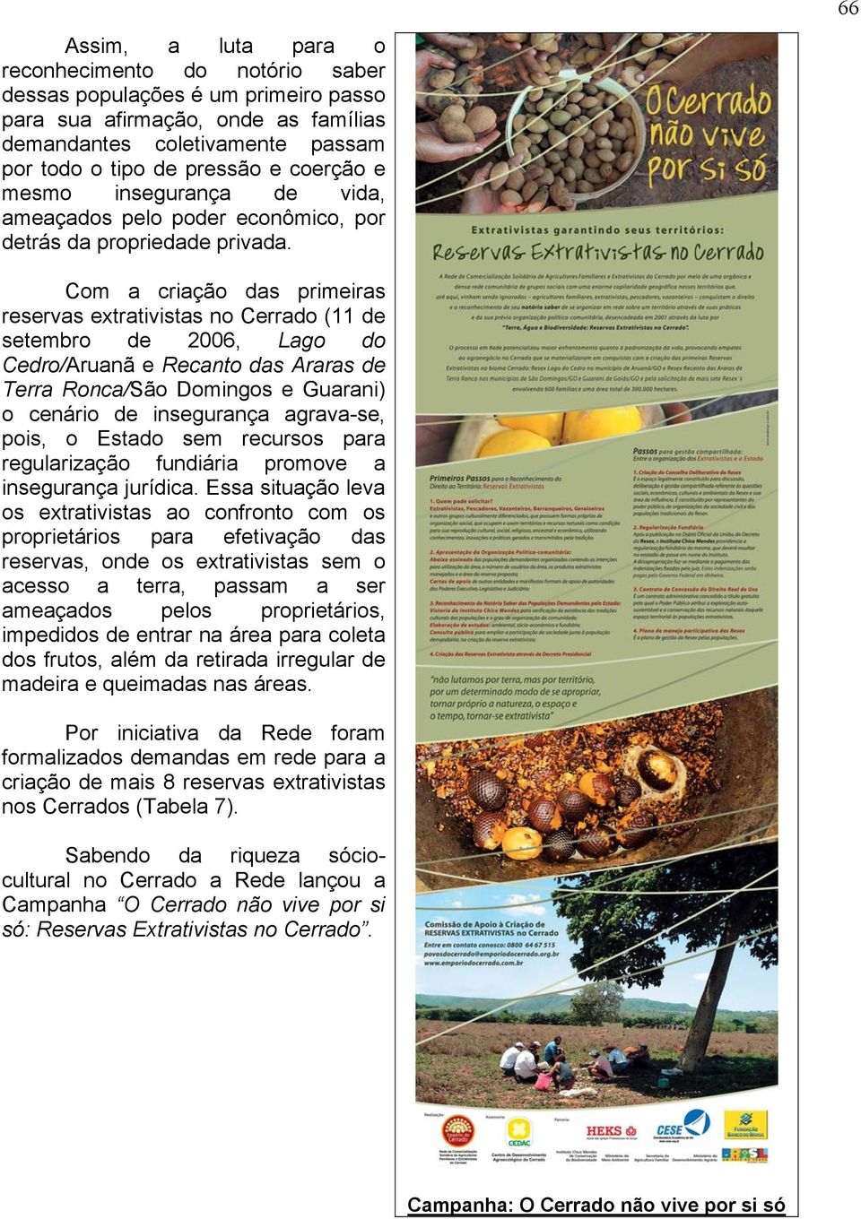 66 Com a criação das primeiras reservas extrativistas no Cerrado (11 de setembro de 2006, Lago do Cedro/Aruanã e Recanto das Araras de Terra Ronca/São Domingos e Guarani) o cenário de insegurança