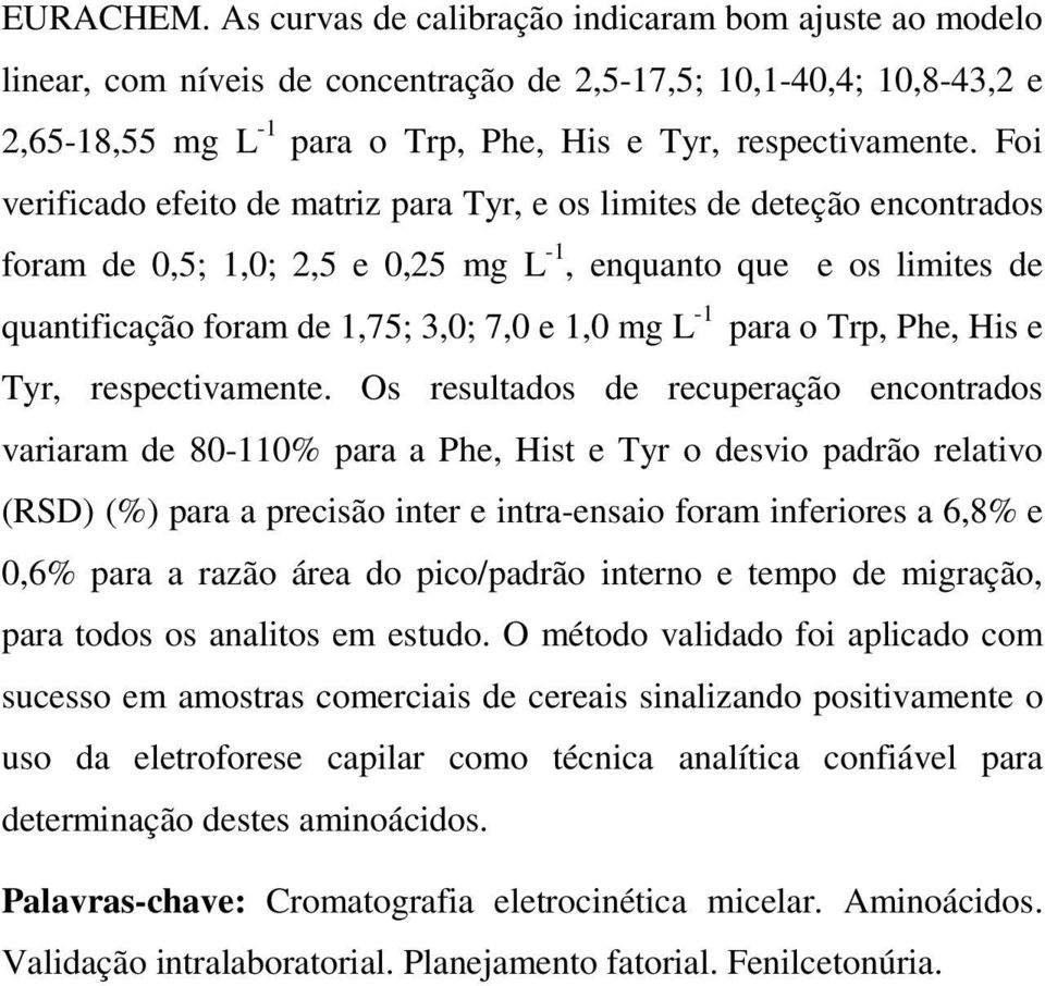 Foi verificado efeito de matriz para Tyr, e os limites de deteção encontrados foram de 0,5; 1,0; 2,5 e 0,25 mg L -1, enquanto que e os limites de quantificação foram de 1,75; 3,0; 7,0 e 1,0 mg L -1