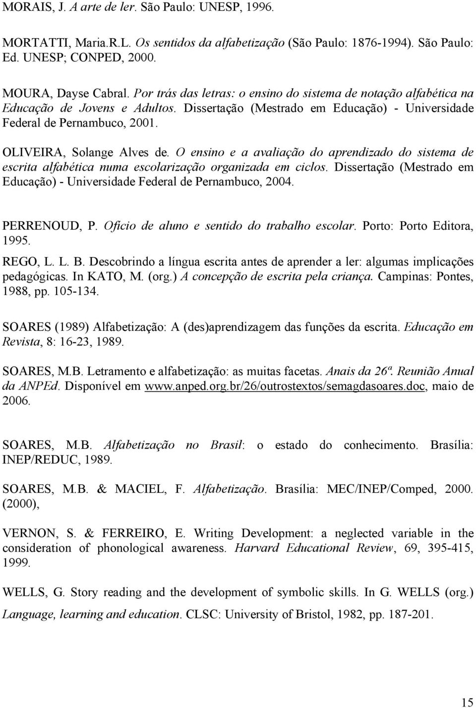 OLIVEIRA, Solange Alves de. O ensino e a avaliação do aprendizado do sistema de escrita alfabética numa escolarização organizada em ciclos.