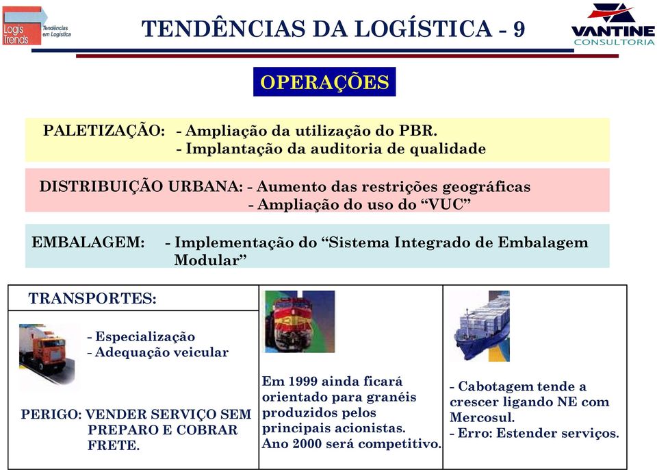 Implementação do Sistema Integrado de Embalagem Modular TRANSPORTES: - Especialização - Adequação veicular PERIGO: VENDER SERVIÇO SEM PREPARO