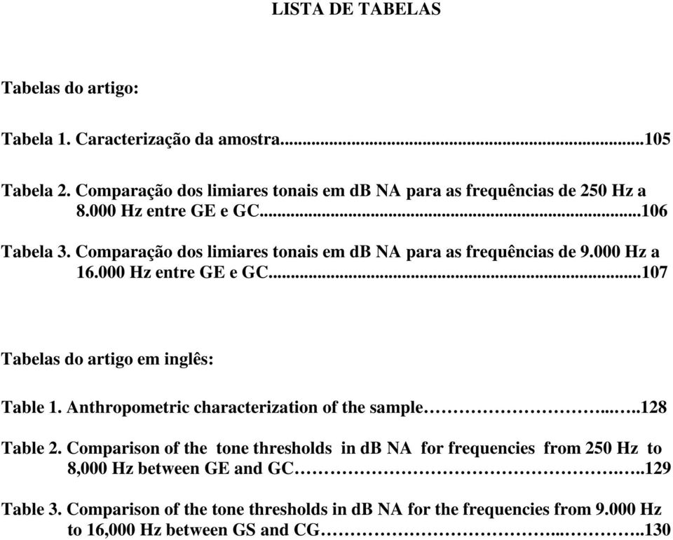 Comparação dos limiares tonais em db NA para as frequências de 9.000 Hz a 16.000 Hz entre GE e GC...107 Tabelas do artigo em inglês: Table 1.