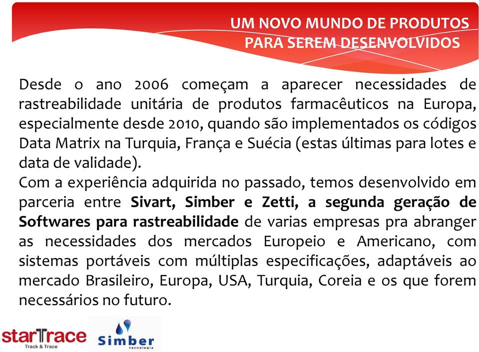 Com a experiência adquirida no passado, temos desenvolvido em parceria entre Sivart, Simber e Zetti, a segunda geração de Softwares para rastreabilidade de varias empresas pra