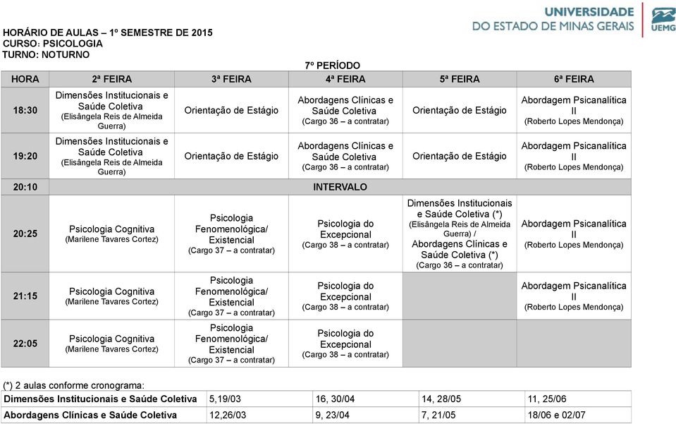 Excepcional (Cargo 38 a contratar) Dimensões Institucionais e (*) / Abordagens Clínicas e (*) Dimensões