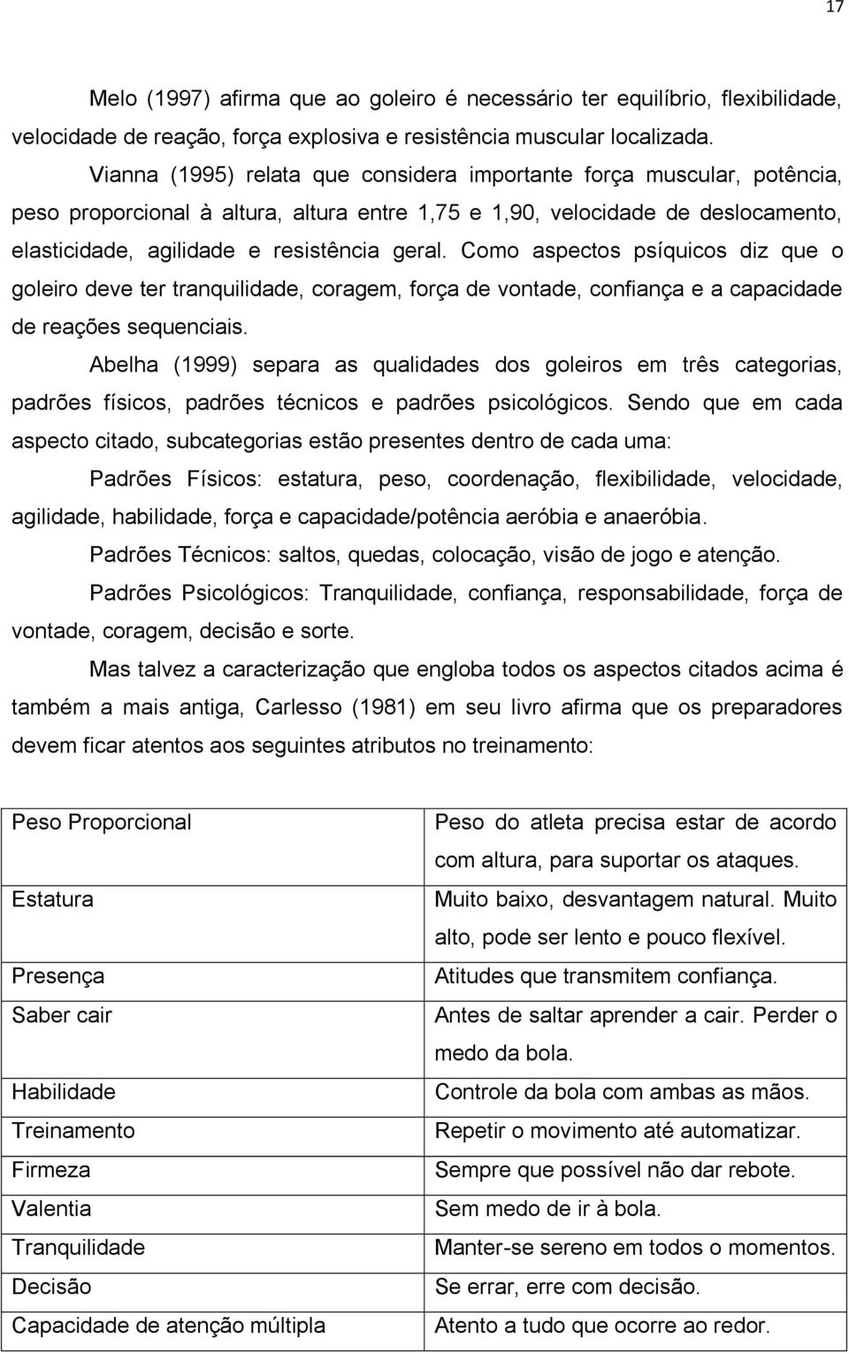 Como aspectos psíquicos diz que o goleiro deve ter tranquilidade, coragem, força de vontade, confiança e a capacidade de reações sequenciais.