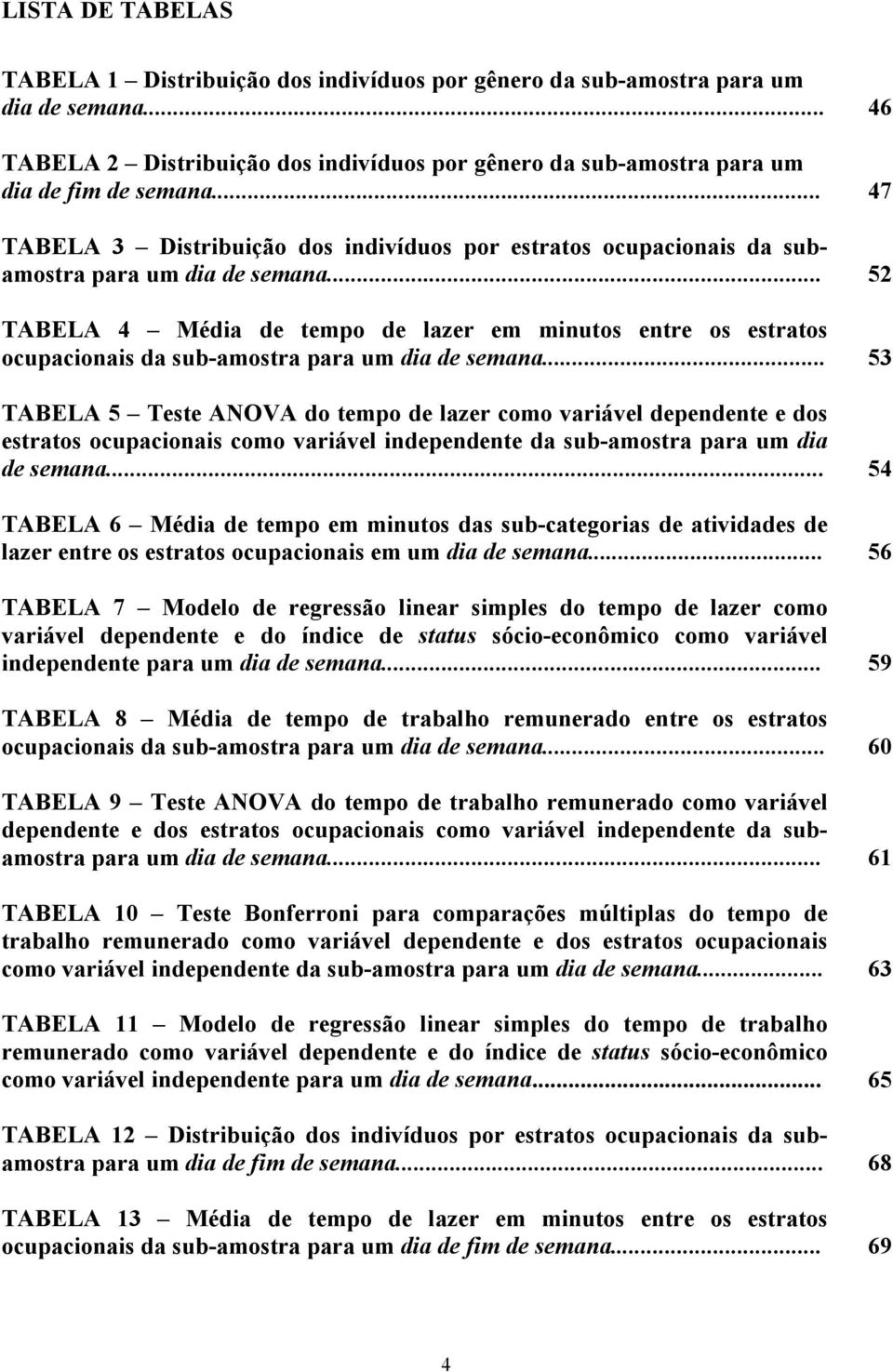 .. 52 TABELA 4 Média de tempo de lazer em minutos entre os estratos ocupacionais da sub-amostra para um dia de semana.