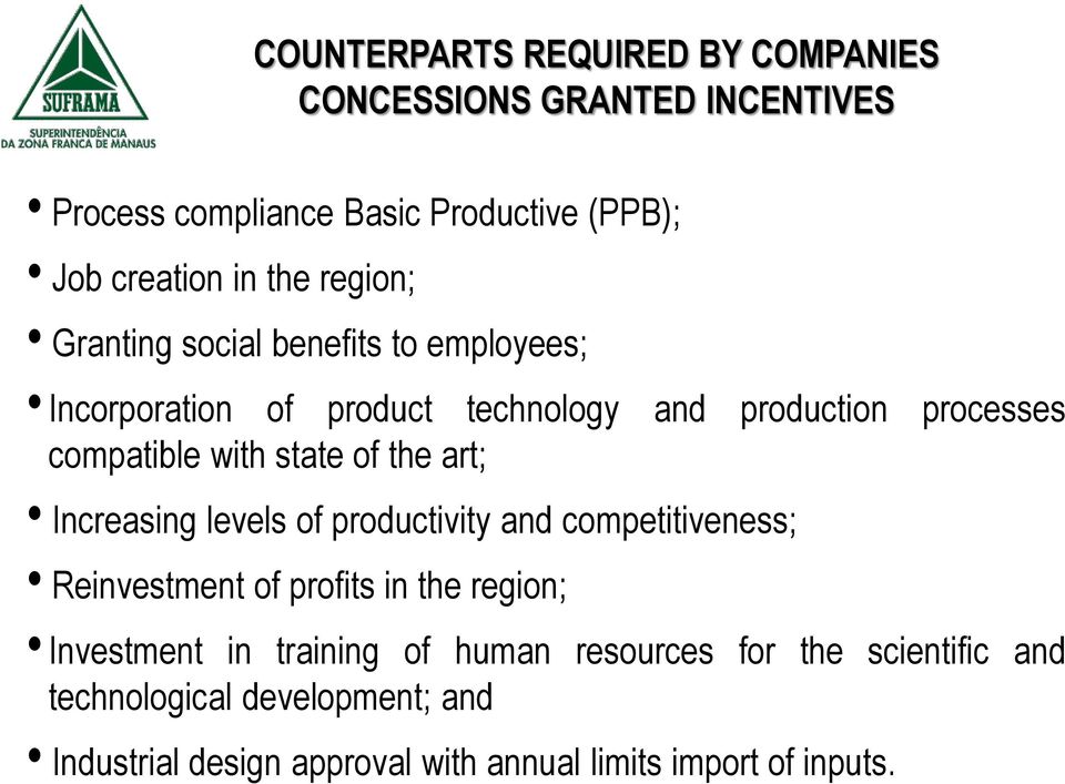 of the art; Increasing levels of productivity and competitiveness; Reinvestment of profits in the region; Investment in training