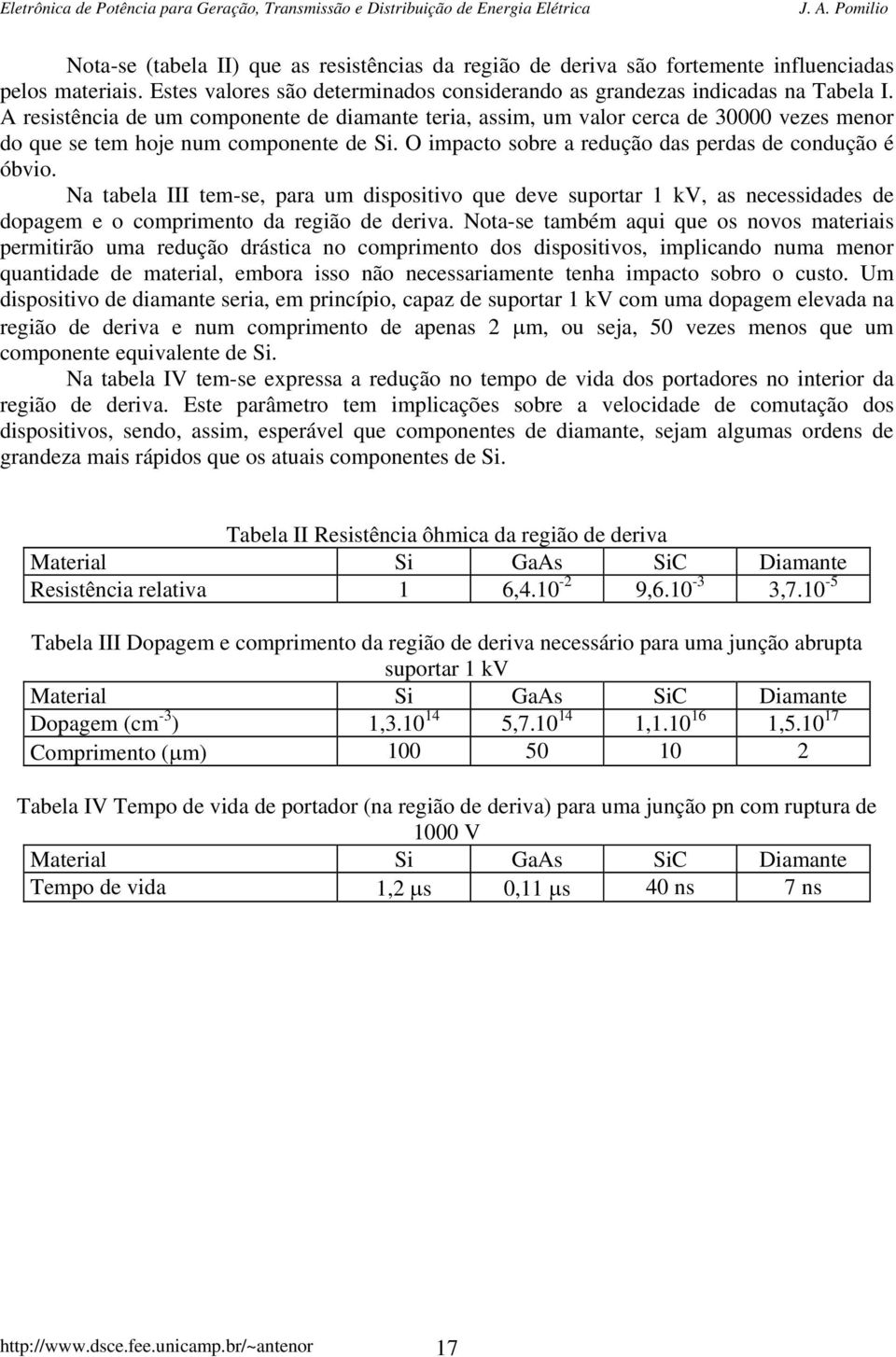 Na tabela III tem-se, para um dispositivo que deve suportar 1 kv, as necessidades de dopagem e o comprimento da região de deriva.