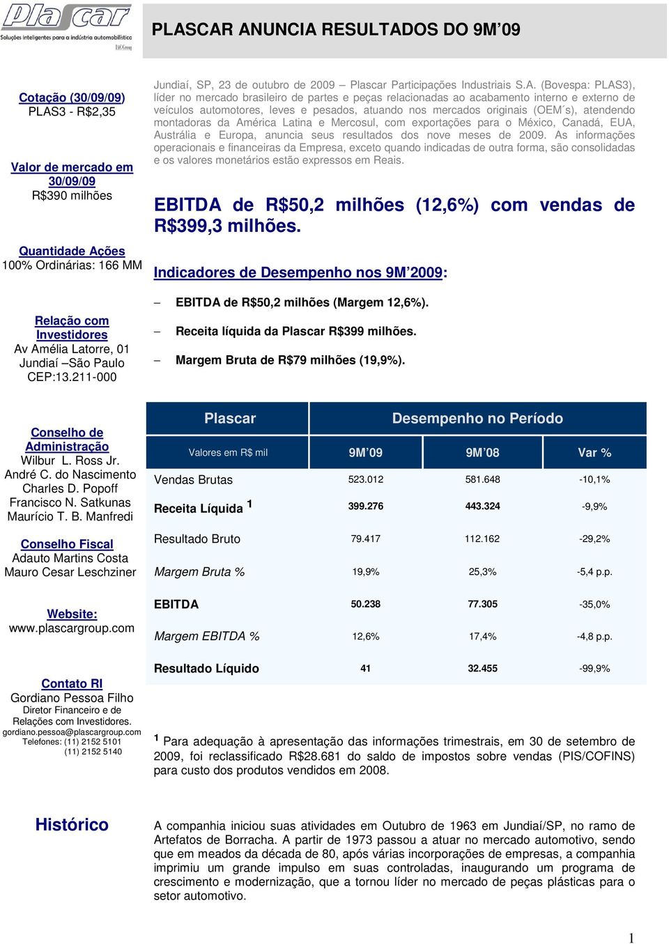 (Bovespa: PLAS3), líder no mercado brasileiro de partes e peças relacionadas ao acabamento interno e externo de veículos automotores, leves e pesados, atuando nos mercados originais (OEM s),