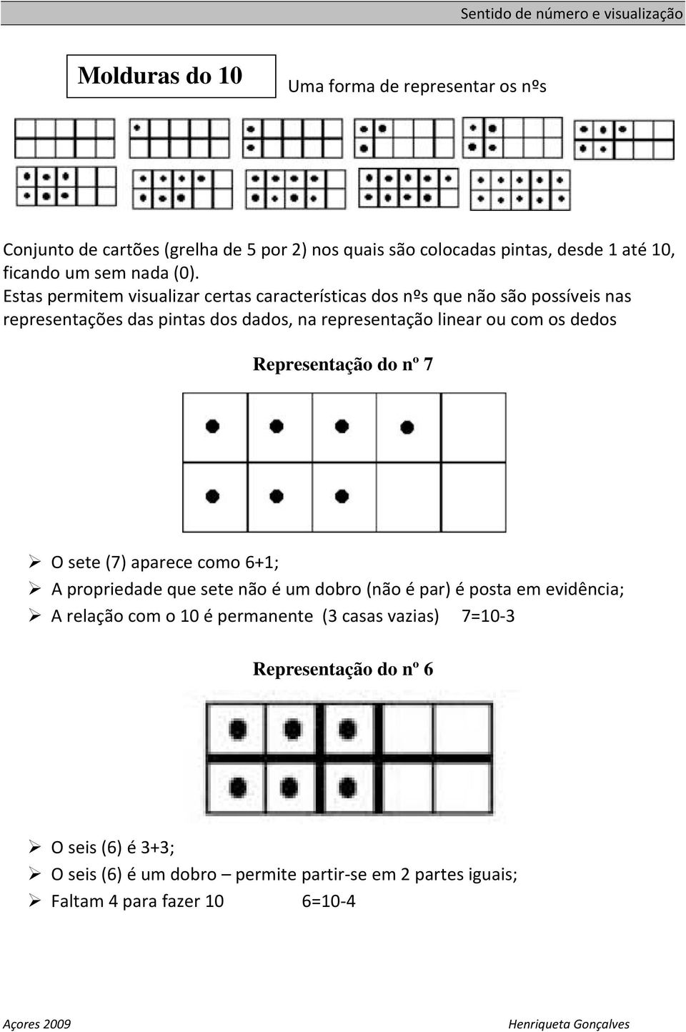 os dedos Representação do nº 7 O sete (7) aparece como 6+1; A propriedade que sete não é um dobro (não é par) é posta em evidência; A relação com o 10 é