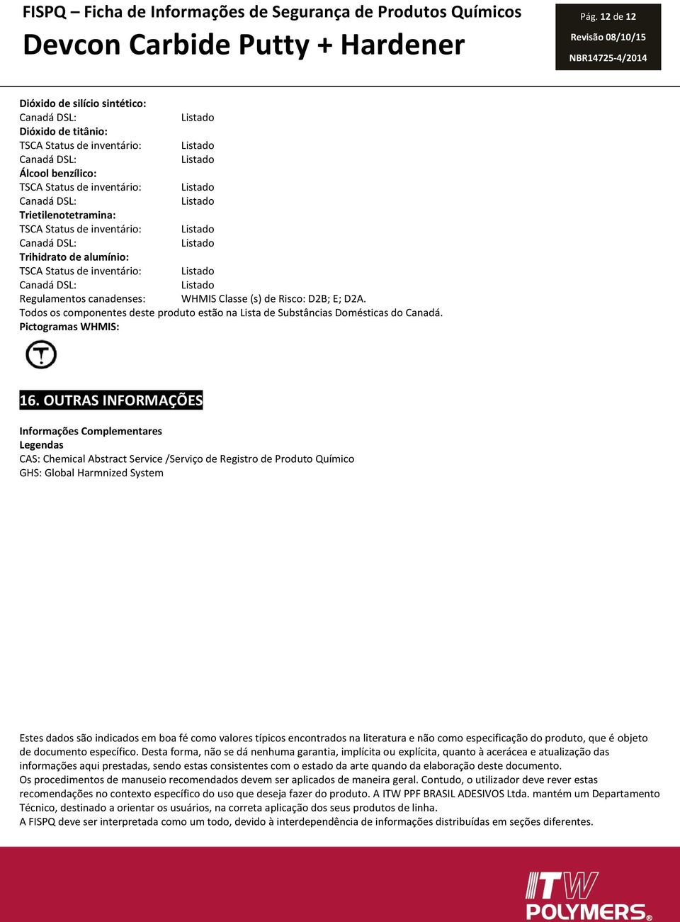 alumínio: TSCA Status de inventário: Regulamentos canadenses: WHMIS Classe (s) de Risco: D2B; E; D2A. Todos os componentes deste produto estão na Lista de Substâncias Domésticas do Canadá.