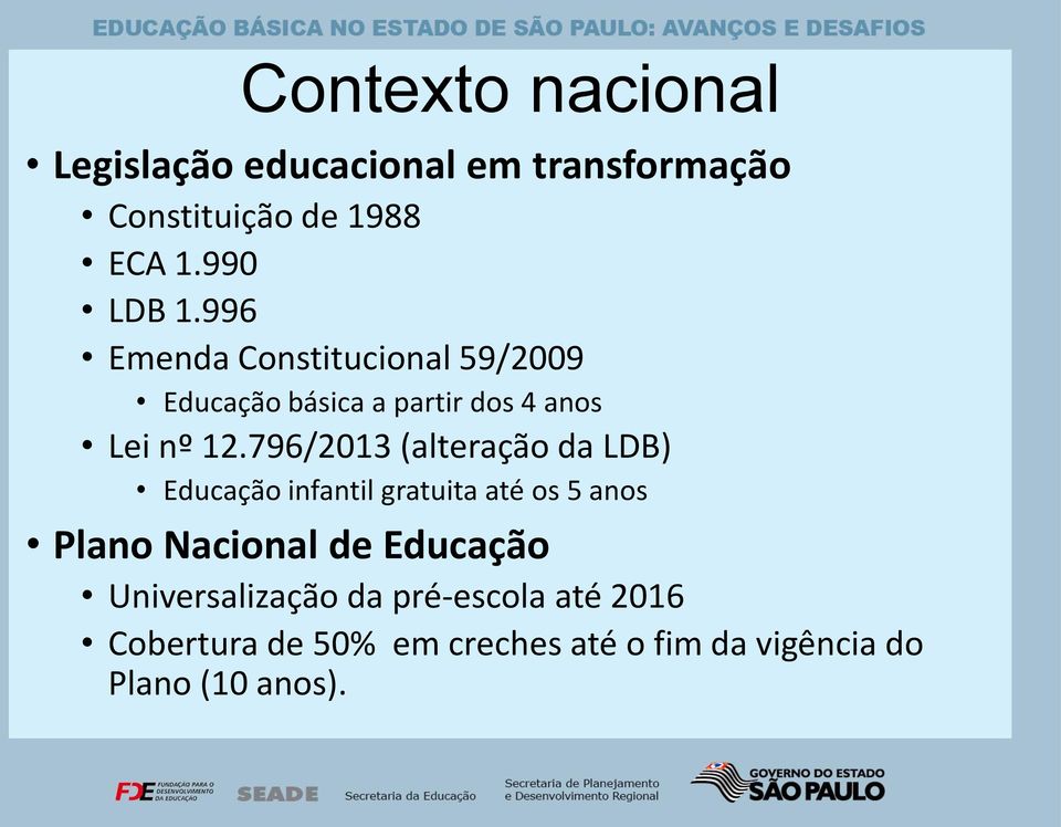 796/2013 (alteração da LDB) Educação infantil gratuita até os 5 anos Plano Nacional de