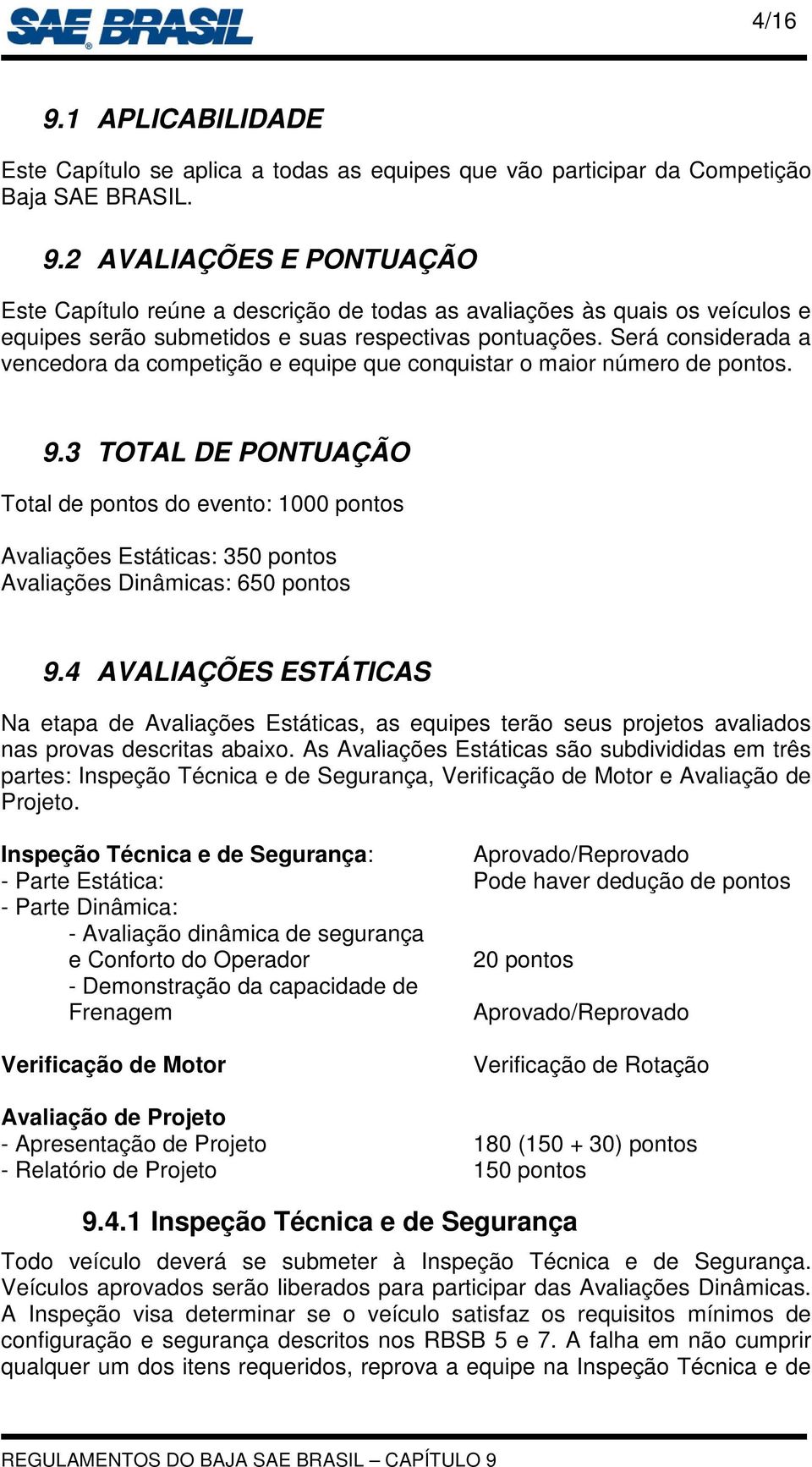 3 TOTAL DE PONTUAÇÃO Total de pontos do evento: 1000 pontos Avaliações Estáticas: 350 pontos Avaliações Dinâmicas: 650 pontos 9.